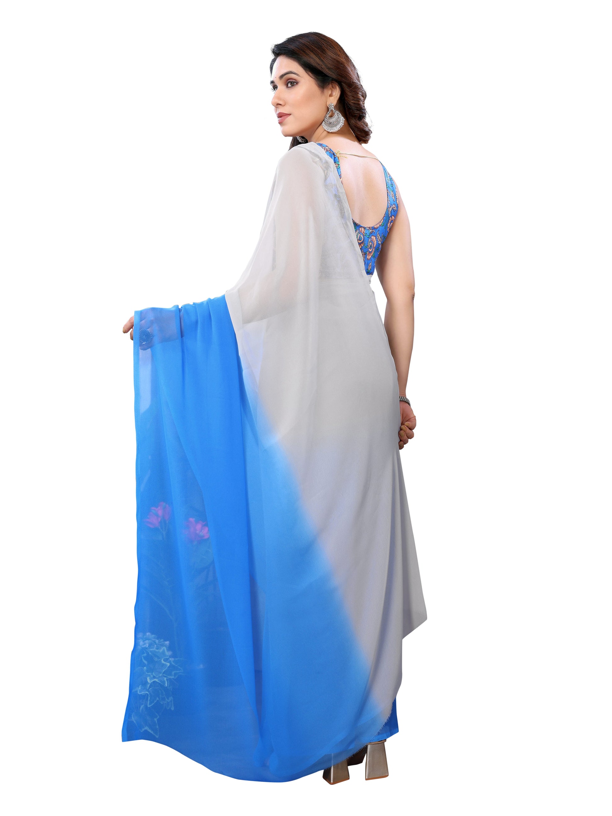 Ready to Wear Blue Color Printed Georgette Saree with Lace