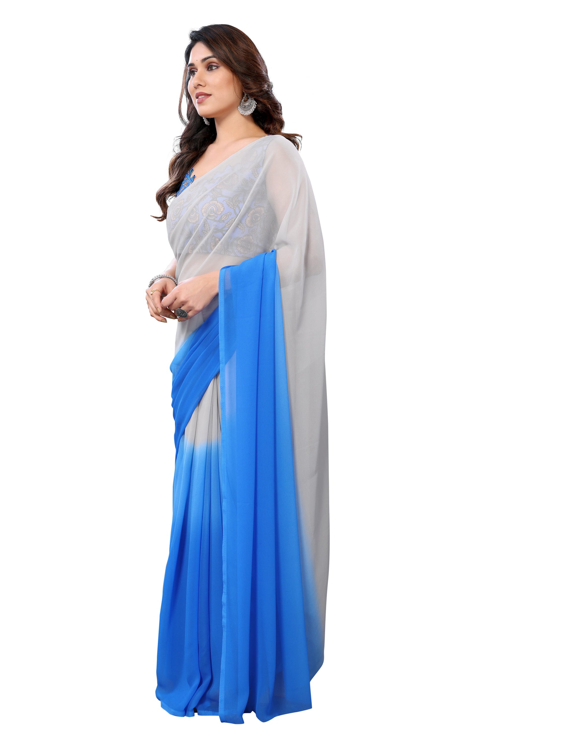 Ready to Wear Blue Color Printed Georgette Saree with Lace