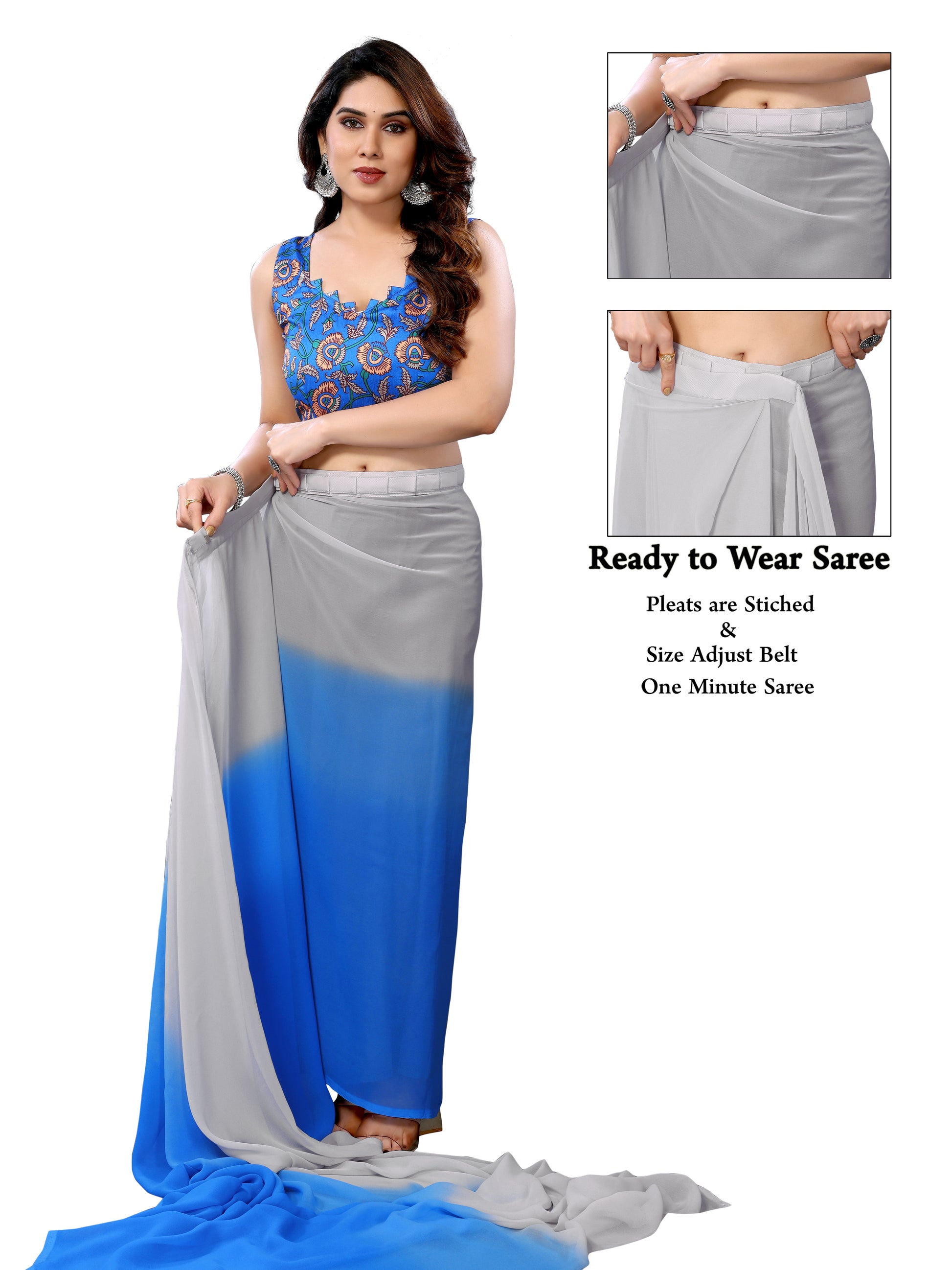 Ready to Wear Blue Color Printed Georgette Saree with Lace