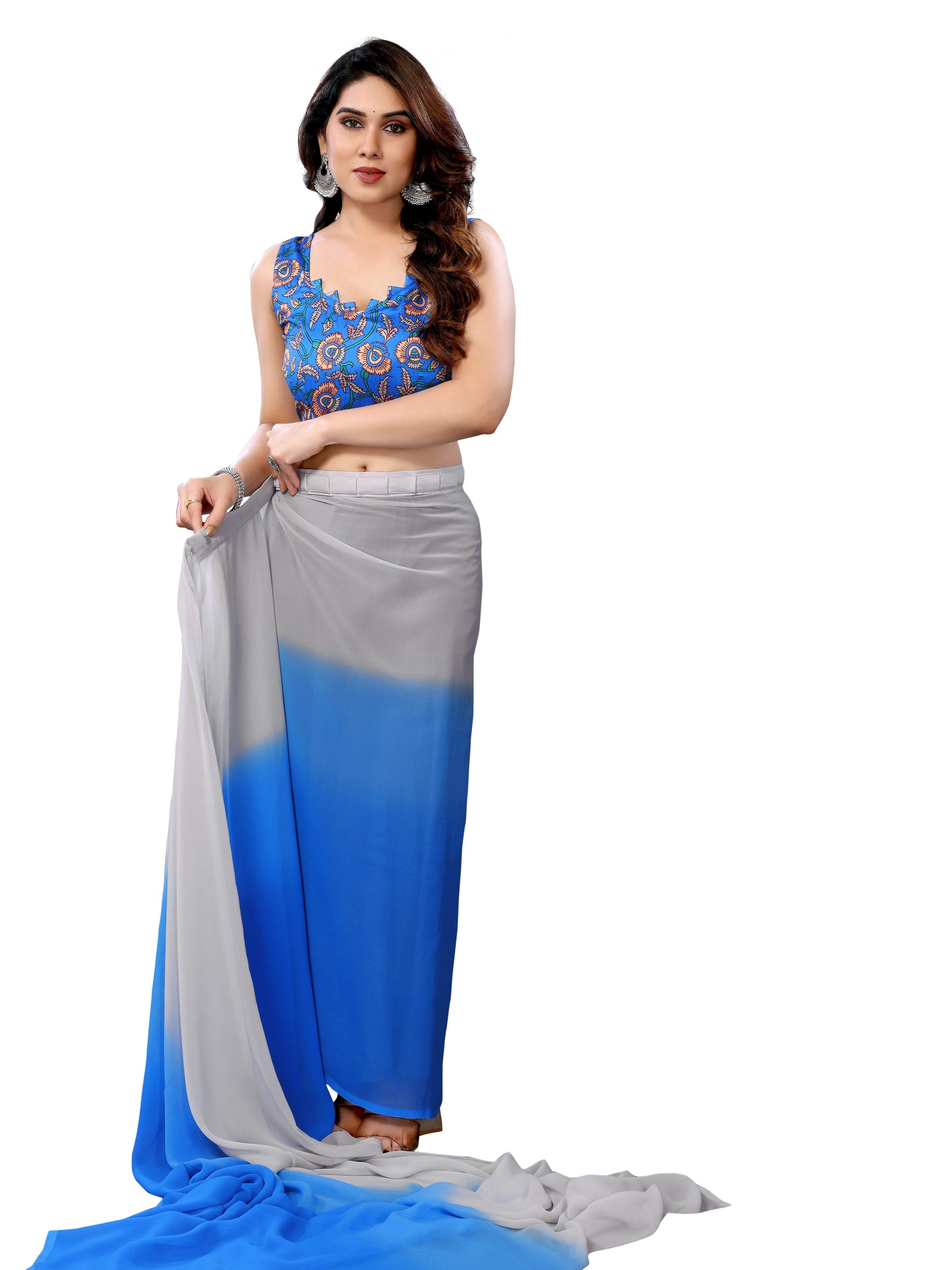 Ready to Wear Blue Color Printed Georgette Saree with Lace