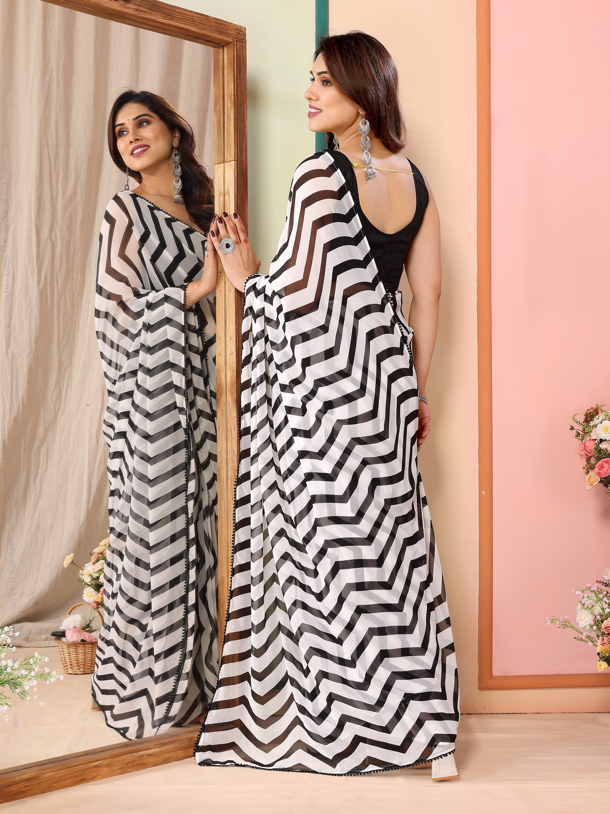 Black & White Zigzag Print Ready to Wear Georgette Saree – Pre-Stitched Daily Wear Saree