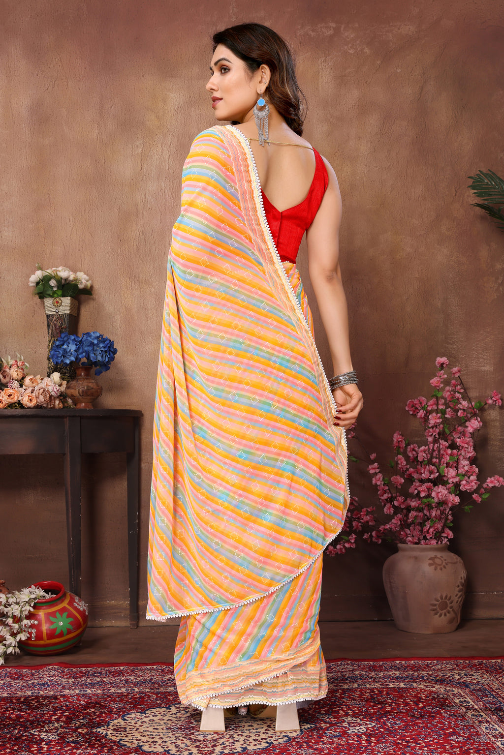 Ready to Wear Yellow Leriya Color Printed Georgette Saree with Lace