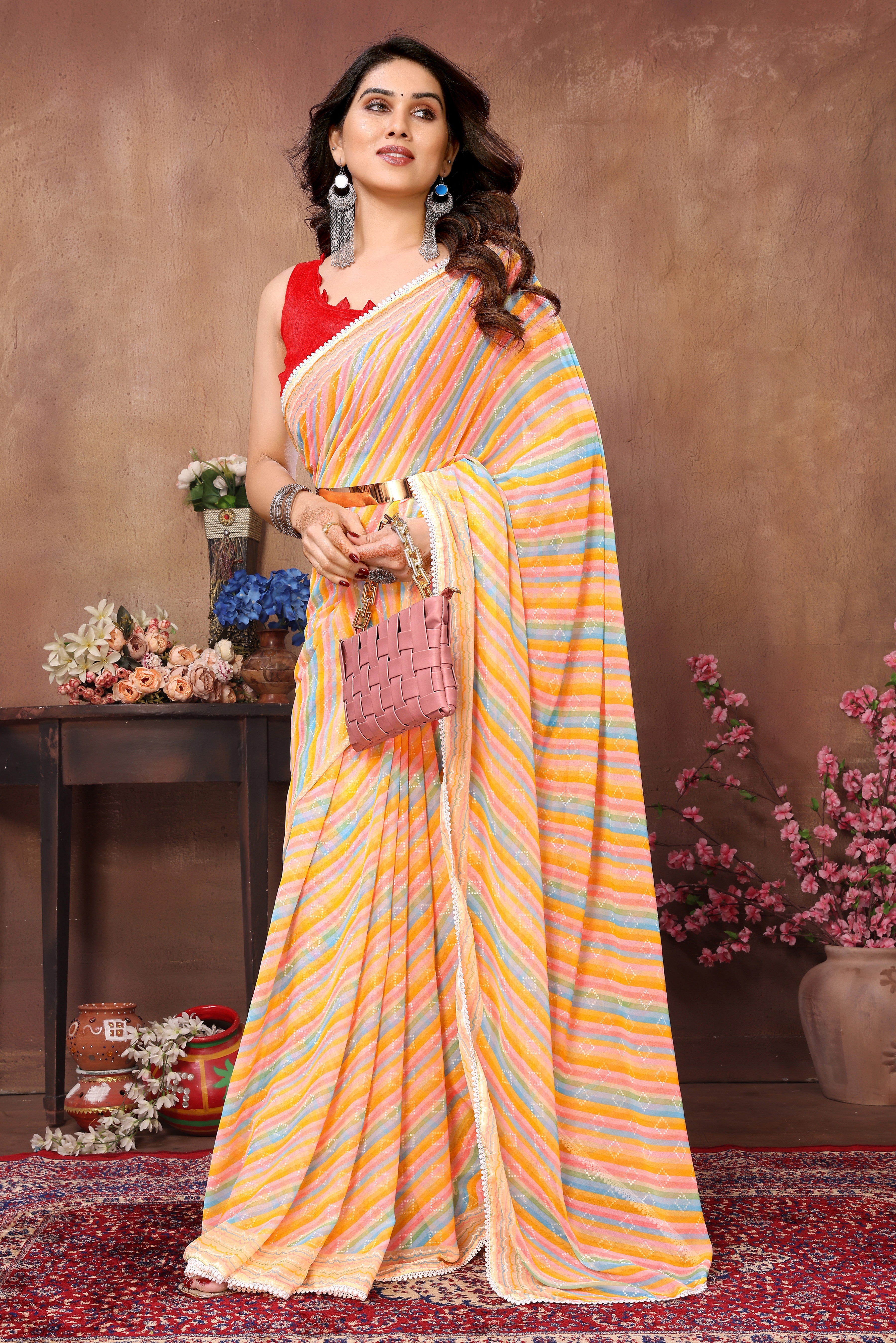 Ready to Wear Yellow Leriya Color Printed Georgette Saree with Lace