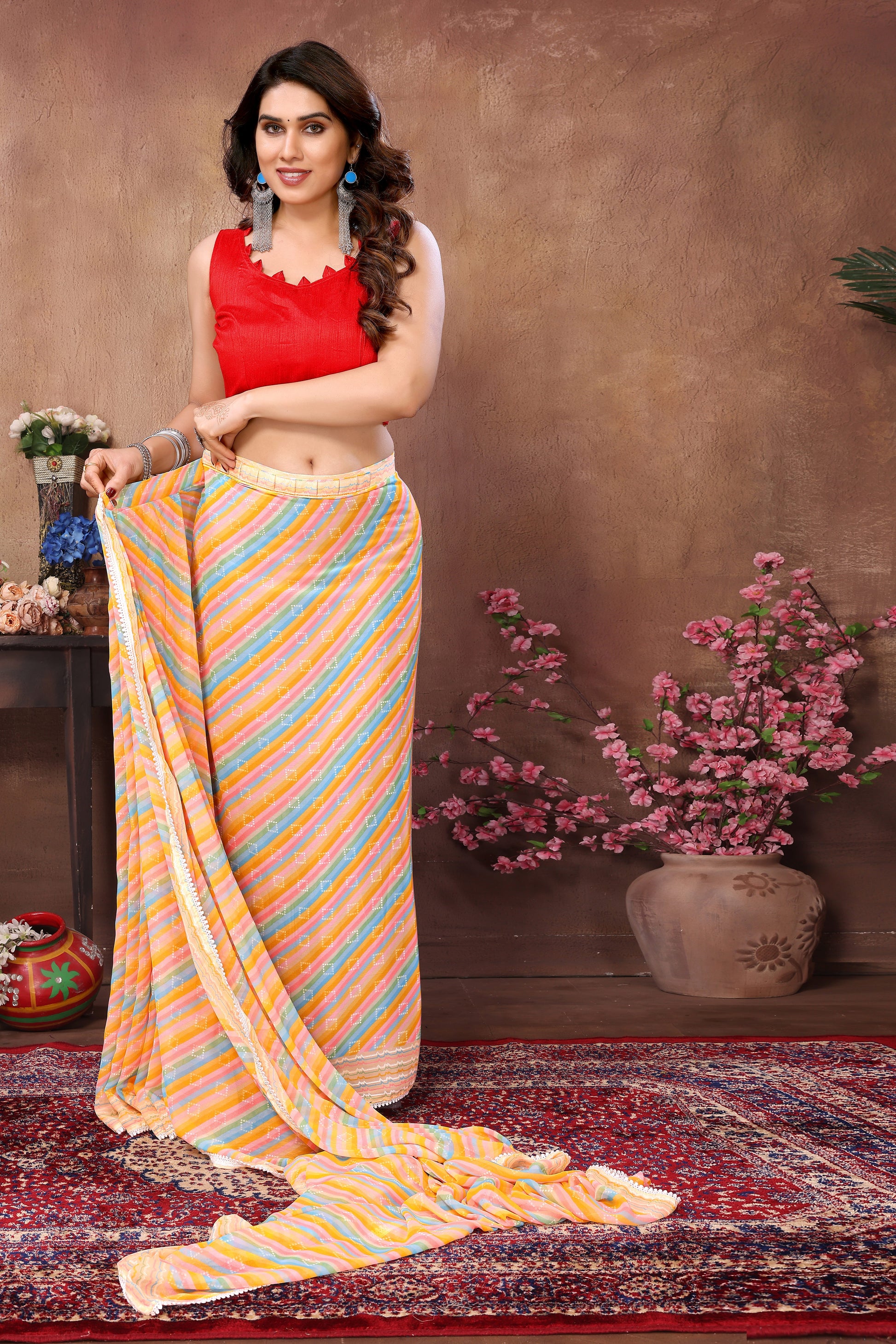 Ready to Wear Yellow Leriya Color Printed Georgette Saree with Lace