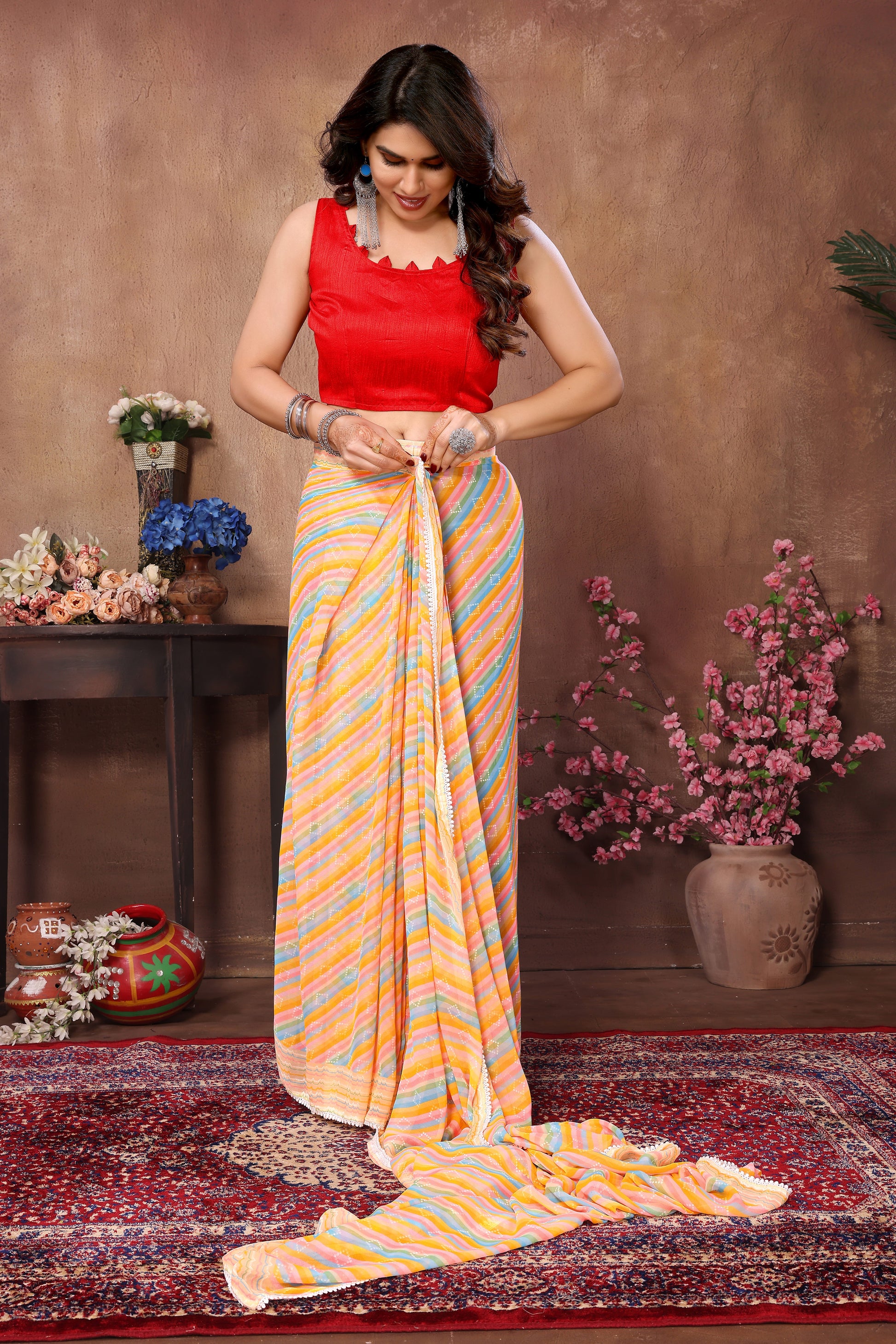 Ready to Wear Yellow Leriya Color Printed Georgette Saree with Lace