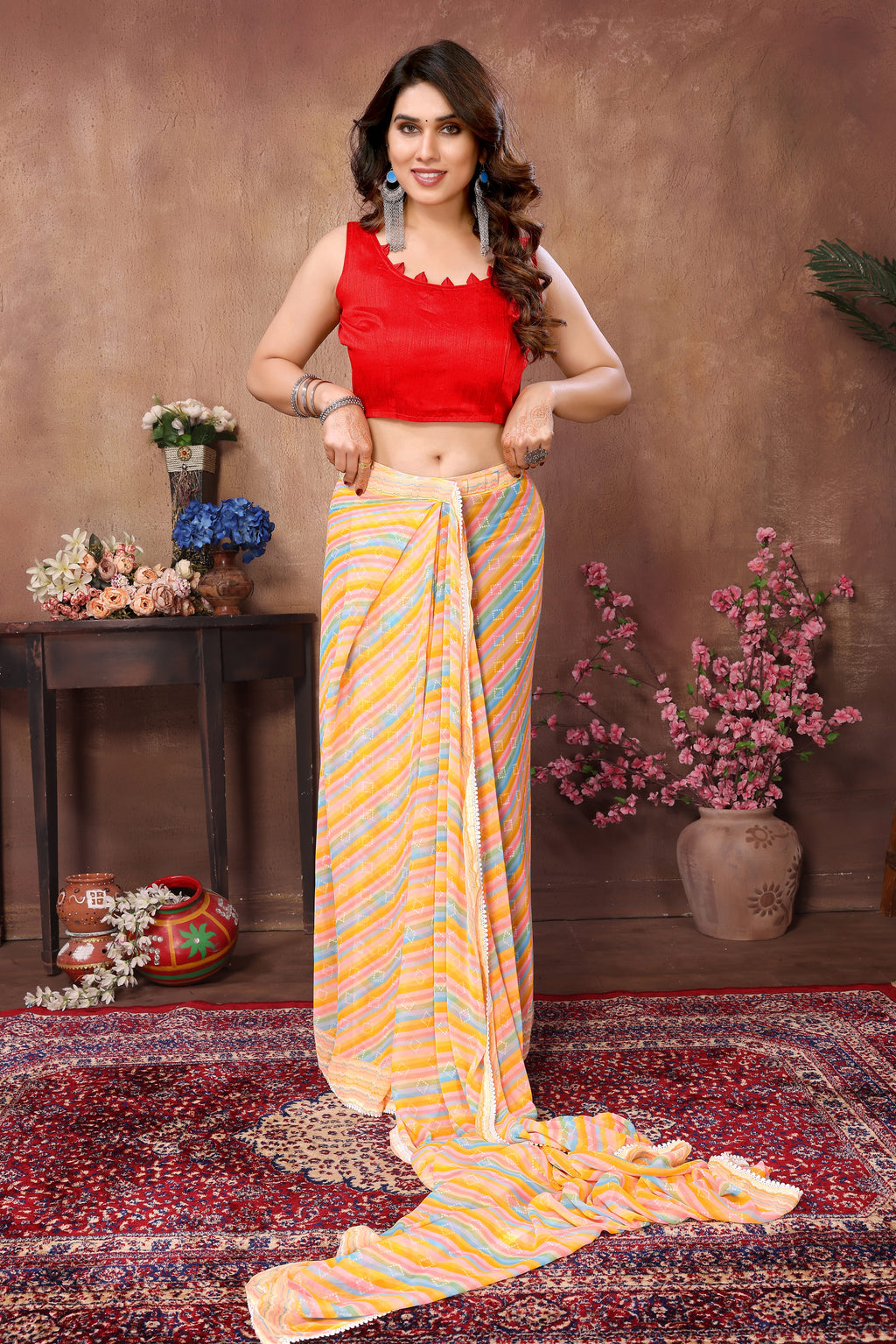 Ready to Wear Yellow Leriya Color Printed Georgette Saree with Lace