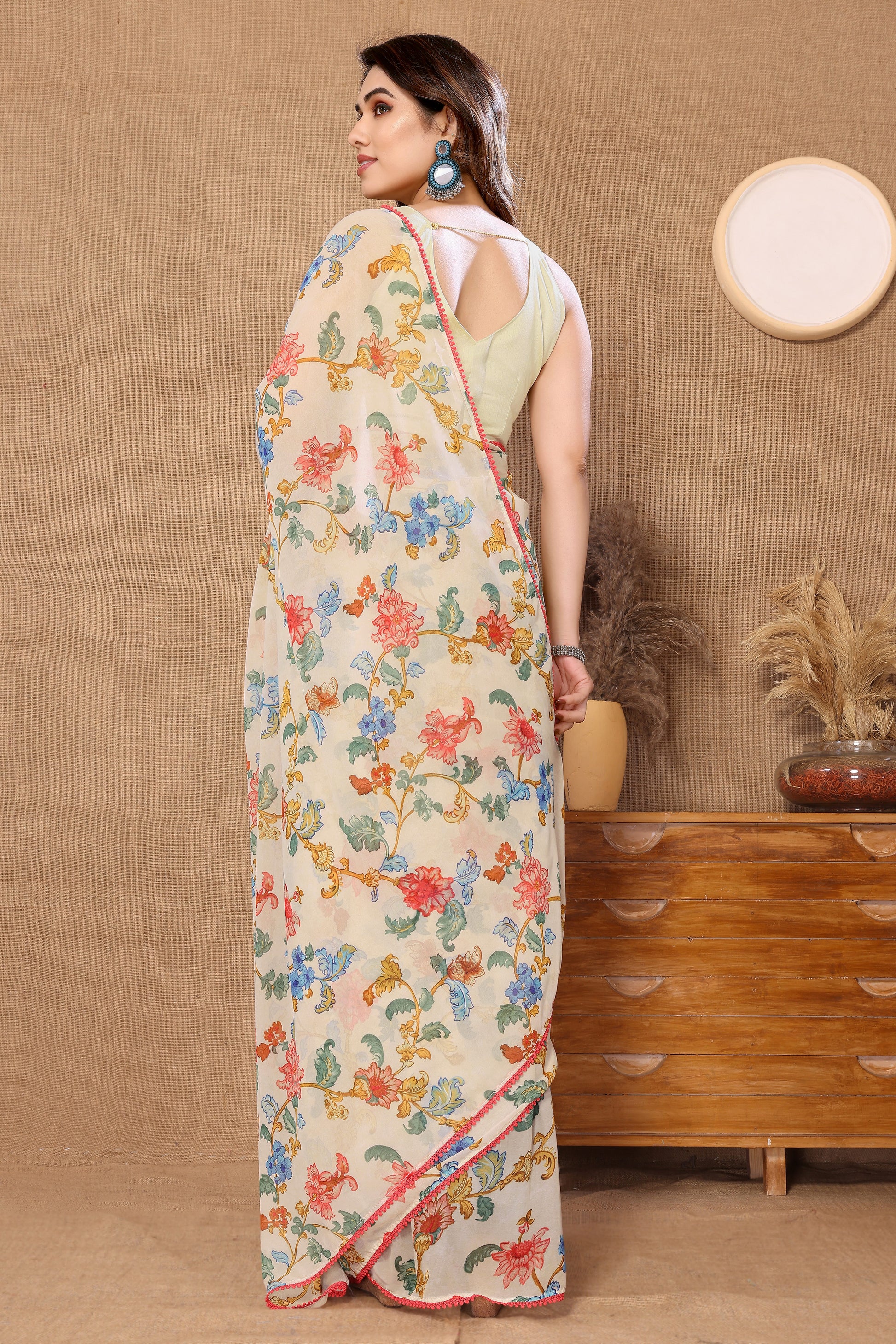 Ready to Wear White Color Printed Georgette Saree with Lace