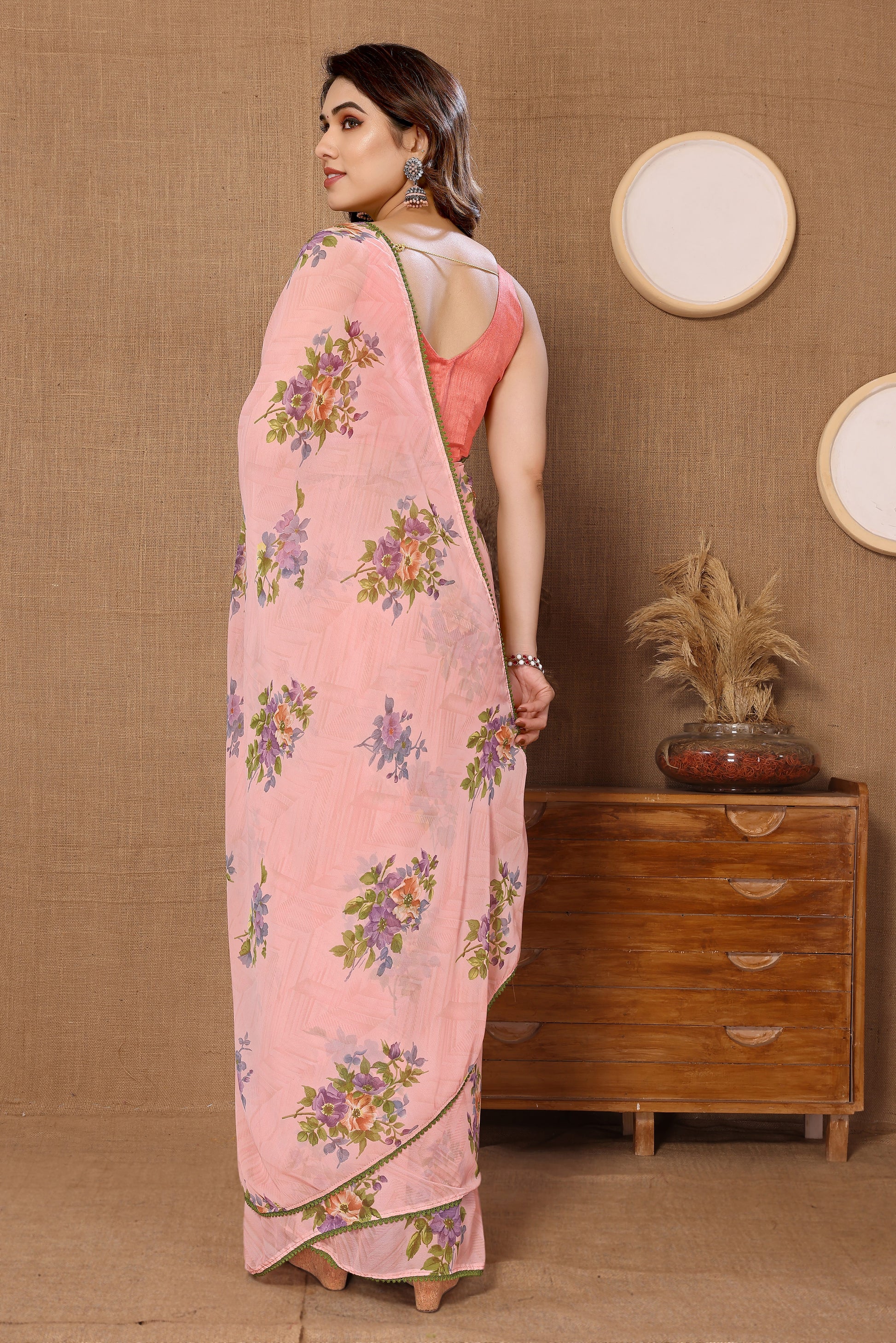 Ready to Wear Peach Color Printed Georgette Saree with Lace