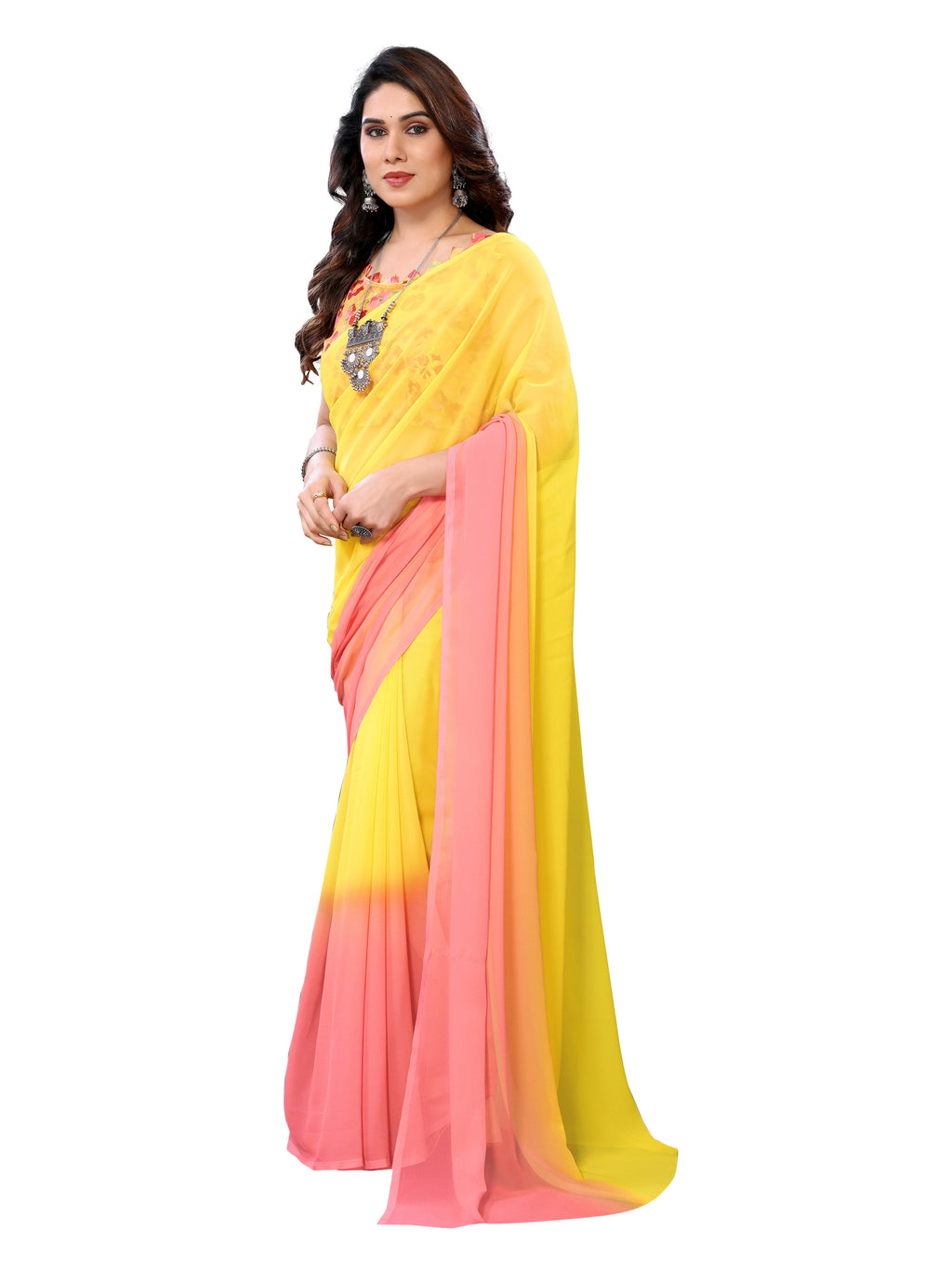 Ready to Wear Yellow Color Printed Georgette Saree with Lace
