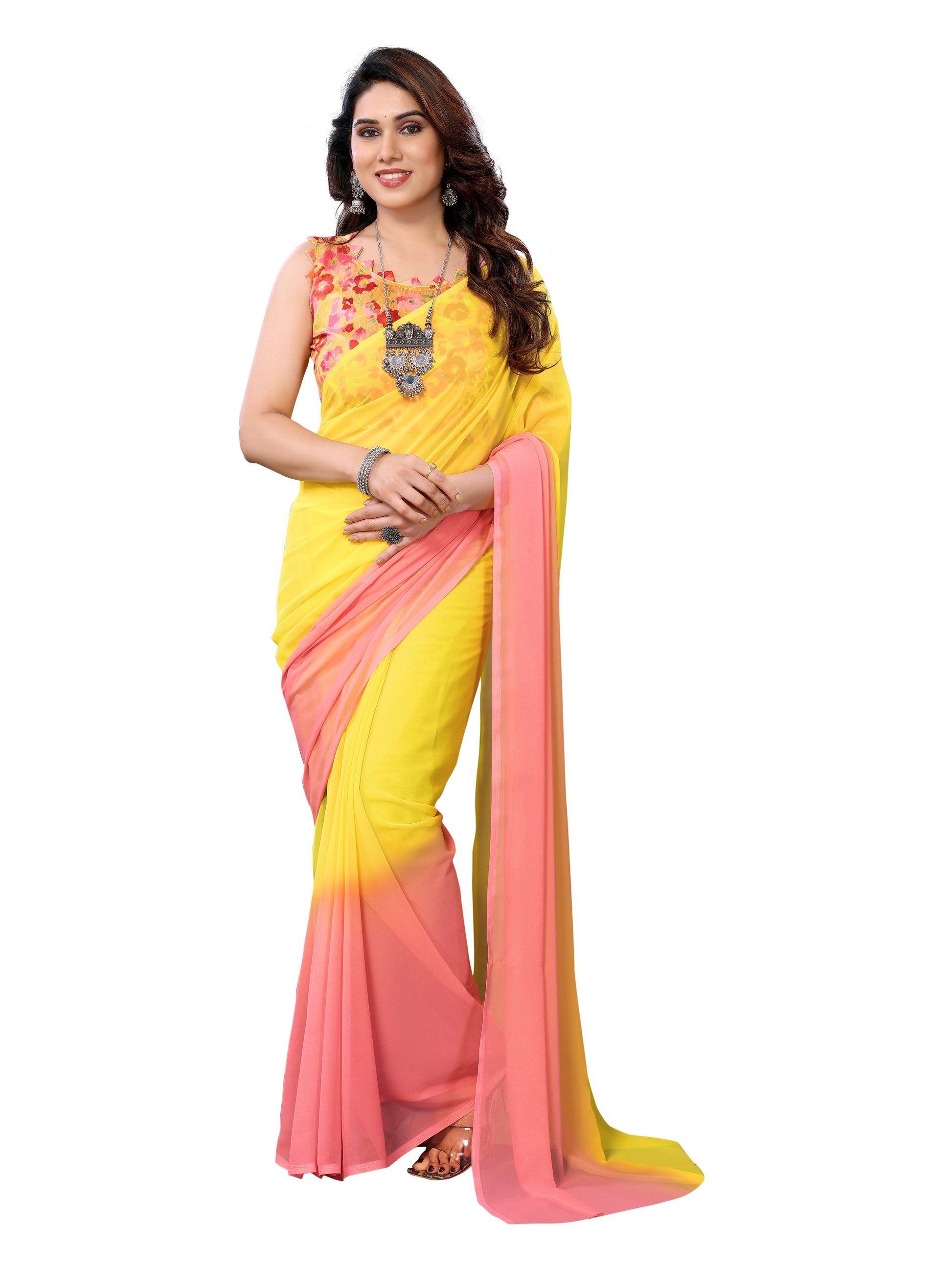 Ready to Wear Yellow Color Printed Georgette Saree with Lace