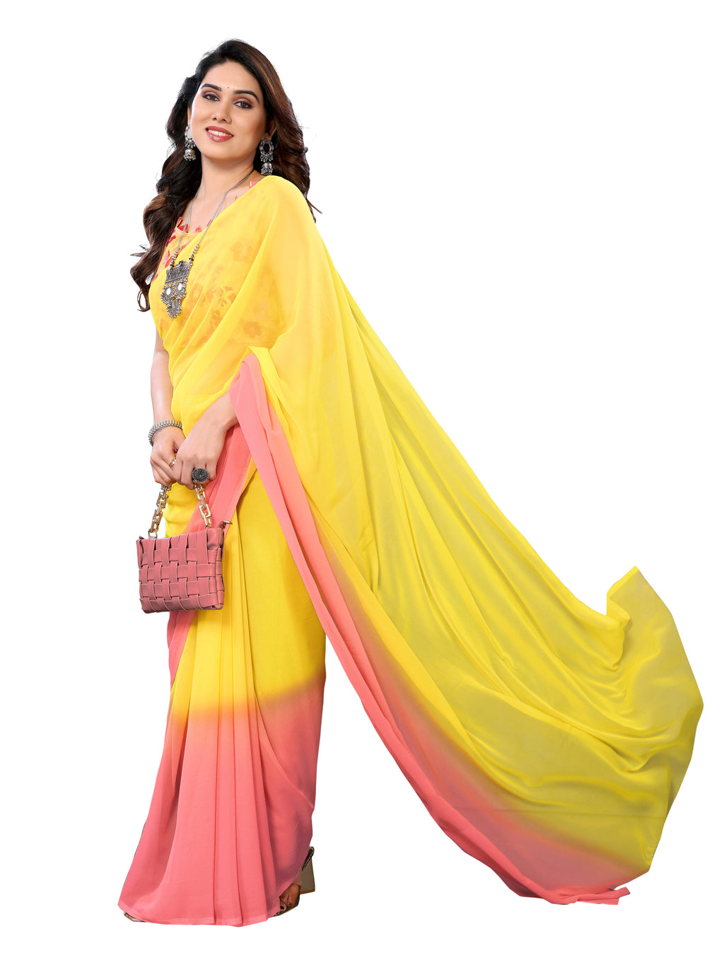 Ready to Wear Yellow Color Printed Georgette Saree with Lace