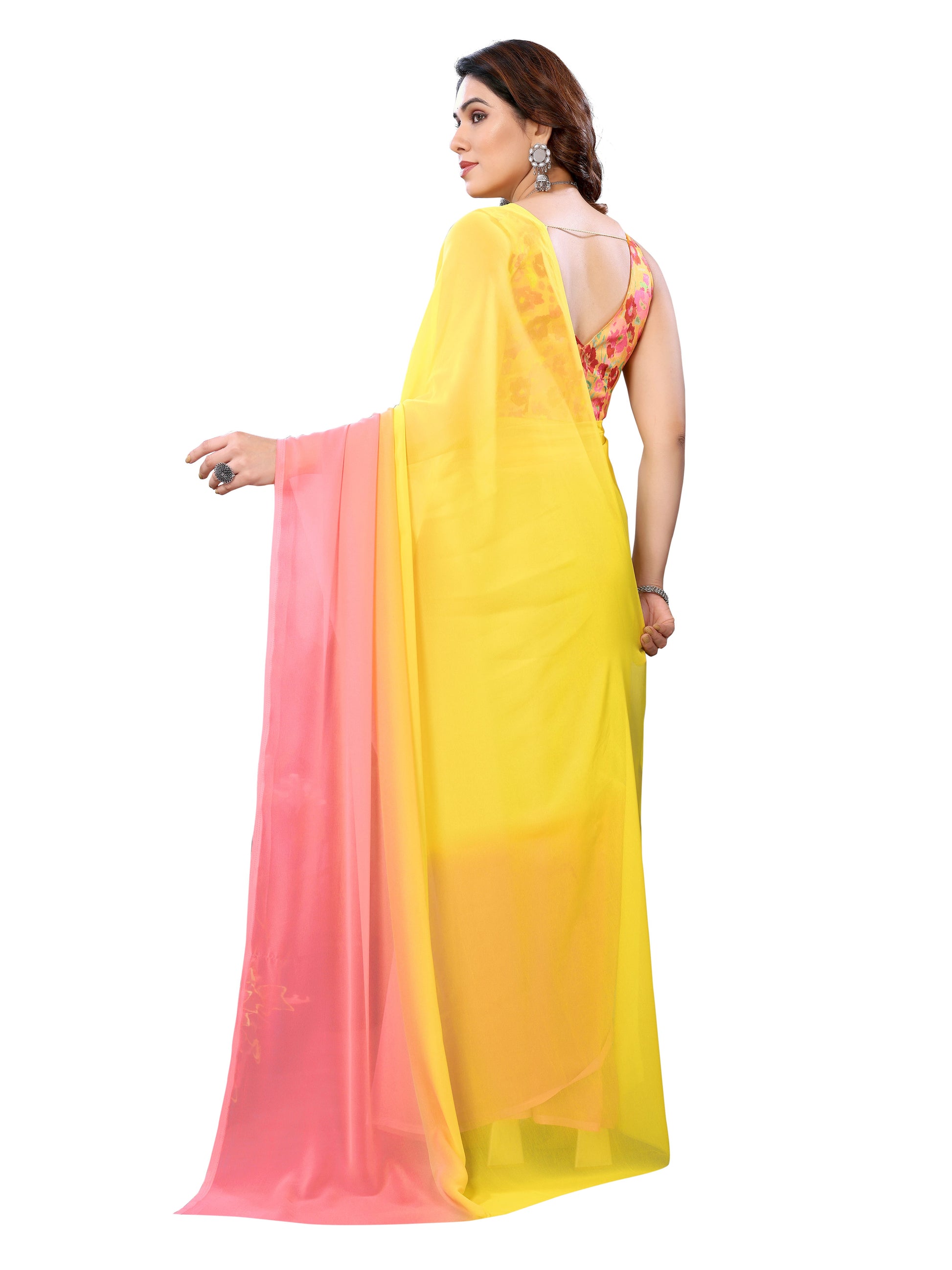 Ready to Wear Yellow Color Printed Georgette Saree with Lace