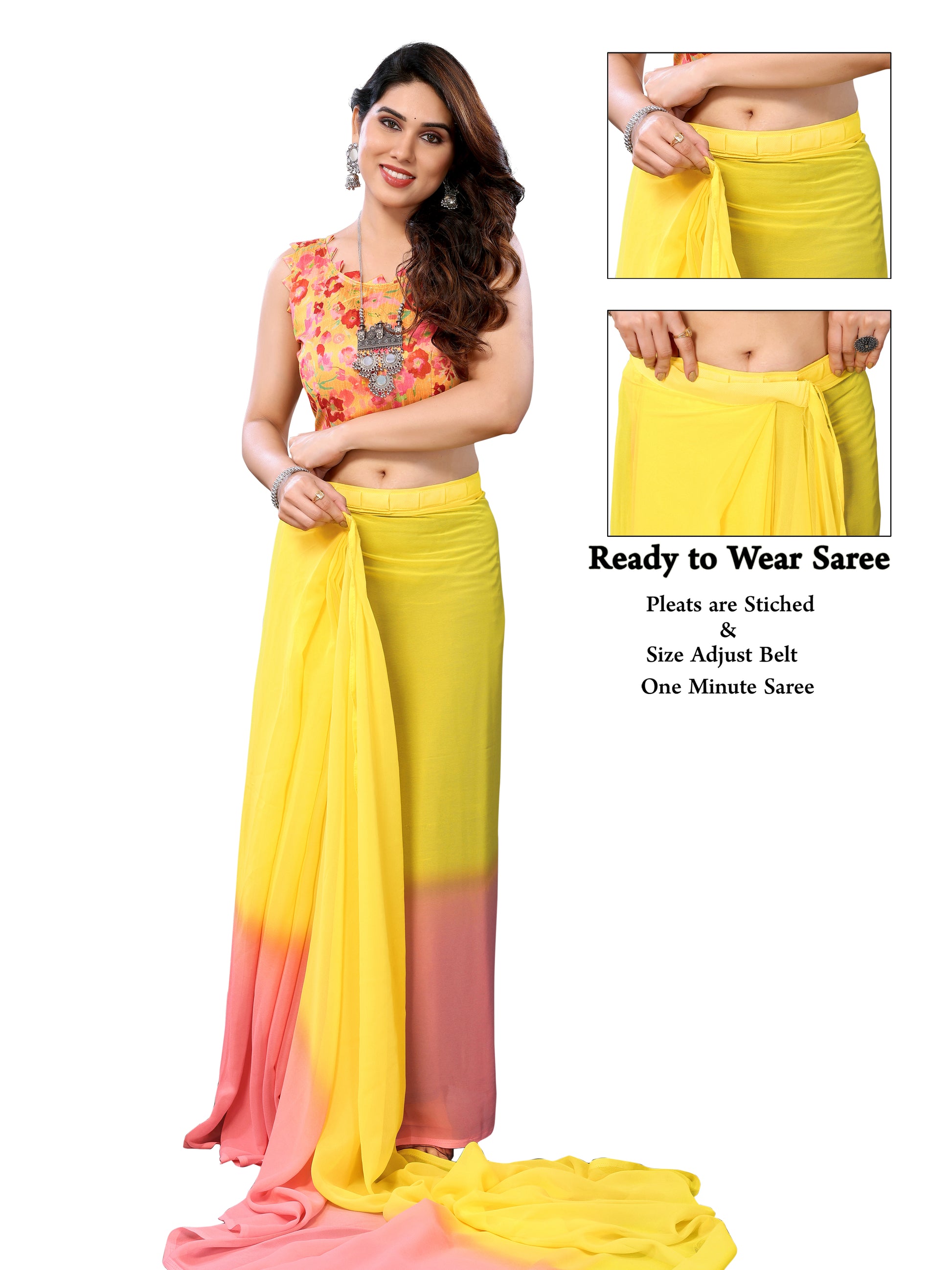 Ready to Wear Yellow Color Printed Georgette Saree with Lace
