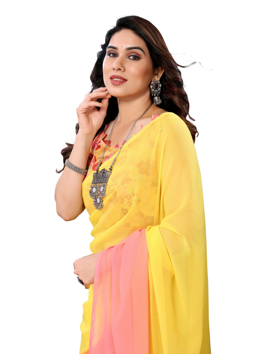 Ready to Wear Yellow Color Printed Georgette Saree with Lace