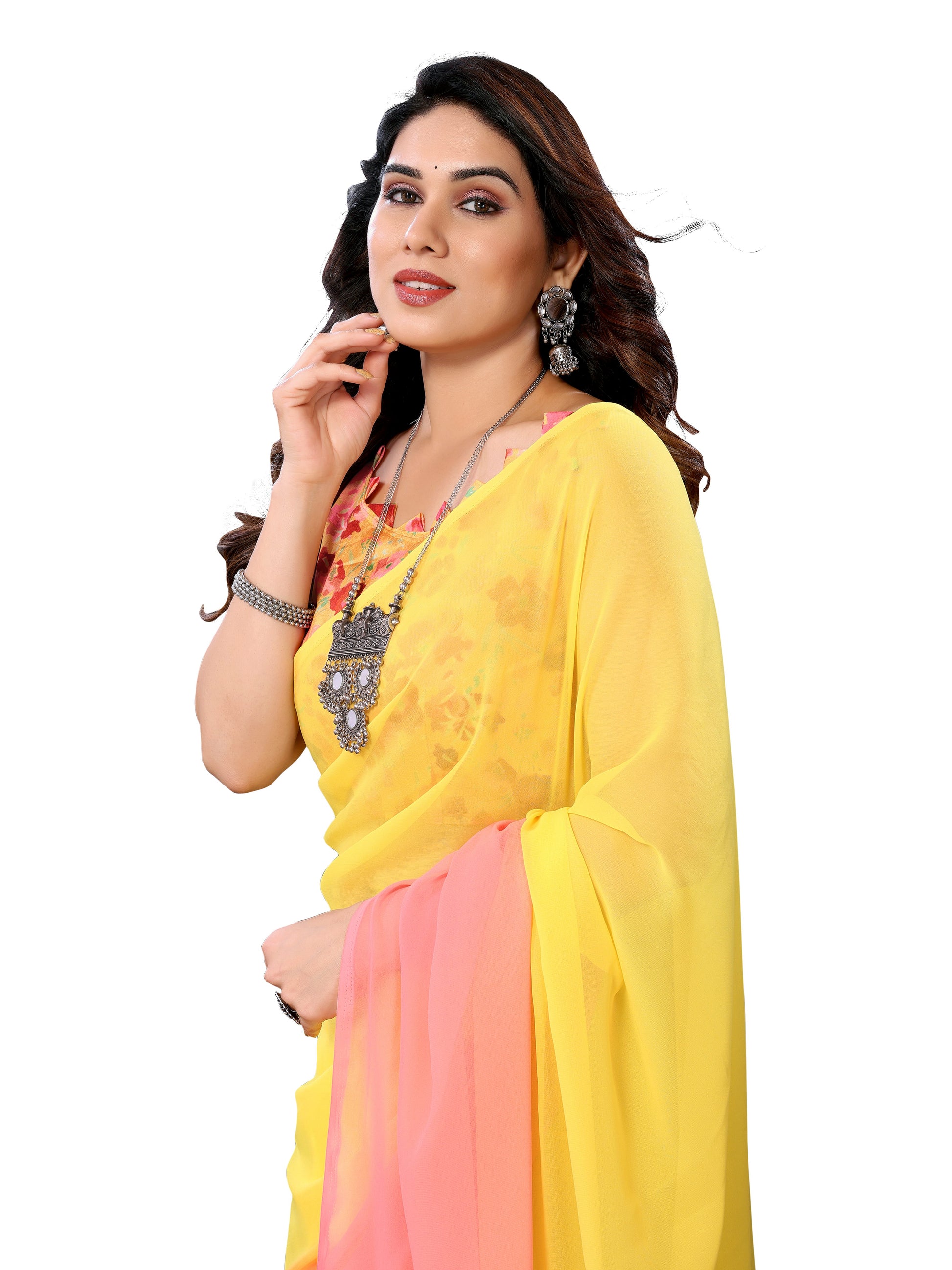 Ready to Wear Yellow Color Printed Georgette Saree with Lace