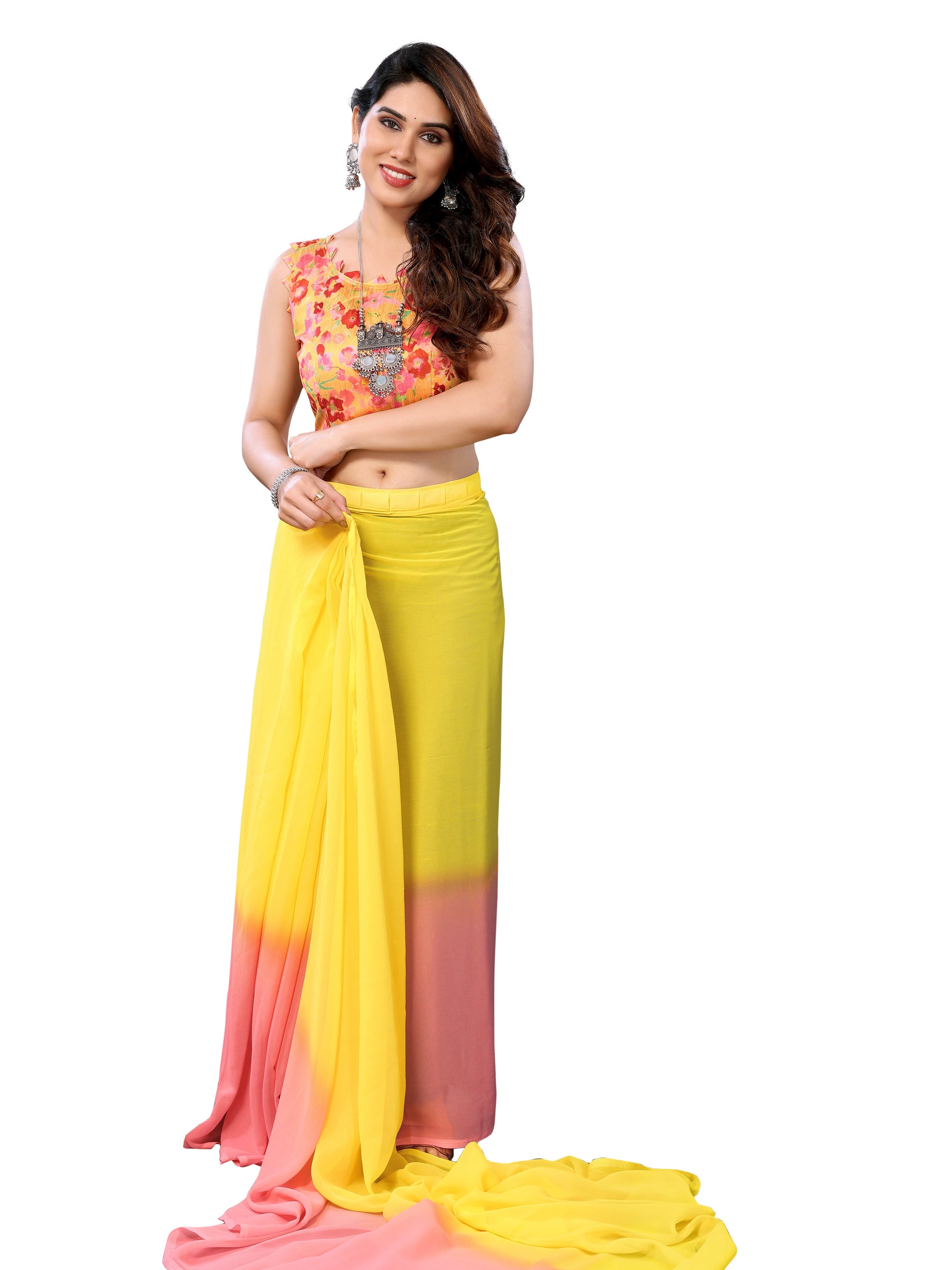Ready to Wear Yellow Color Printed Georgette Saree with Lace