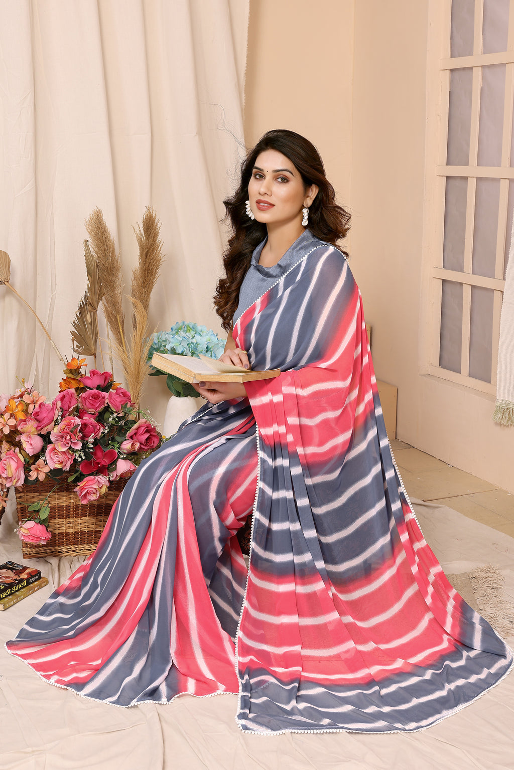 Ready to Wear Pink Leriya Color Printed Georgette Saree with Lace
