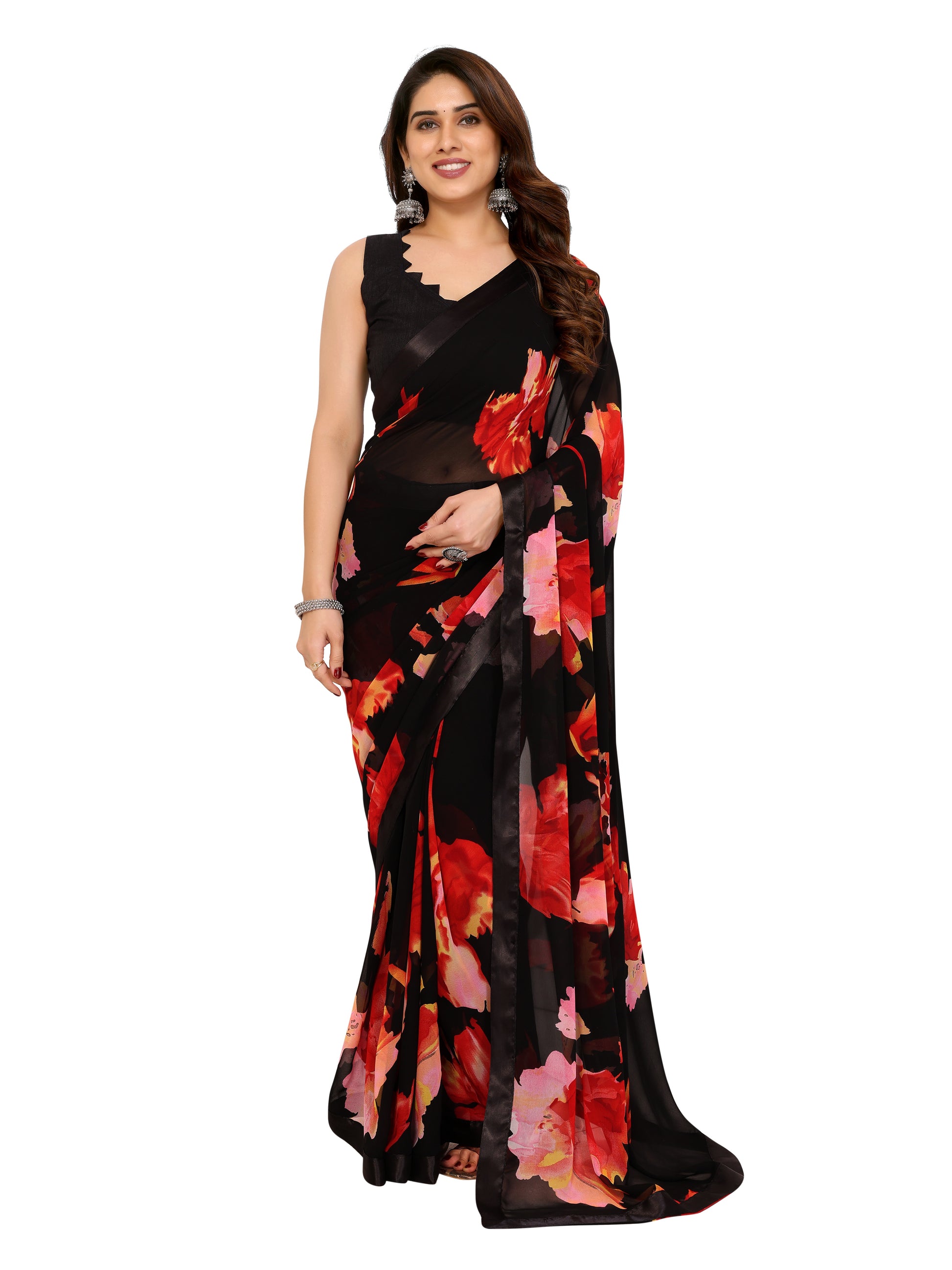 Ready to Wear Black Color Printed Georgette Saree with Lace