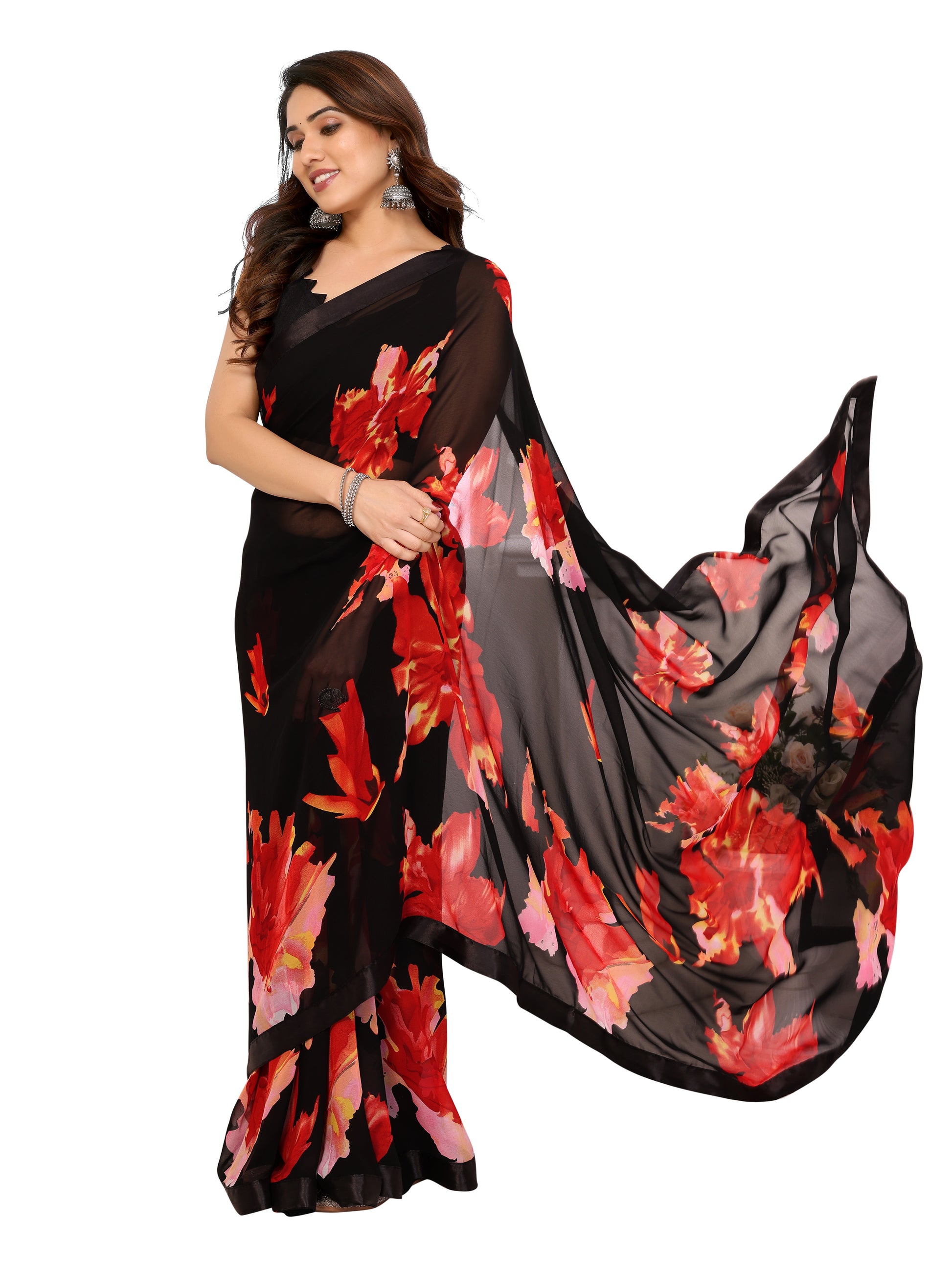 Ready to Wear Black Color Printed Georgette Saree with Lace
