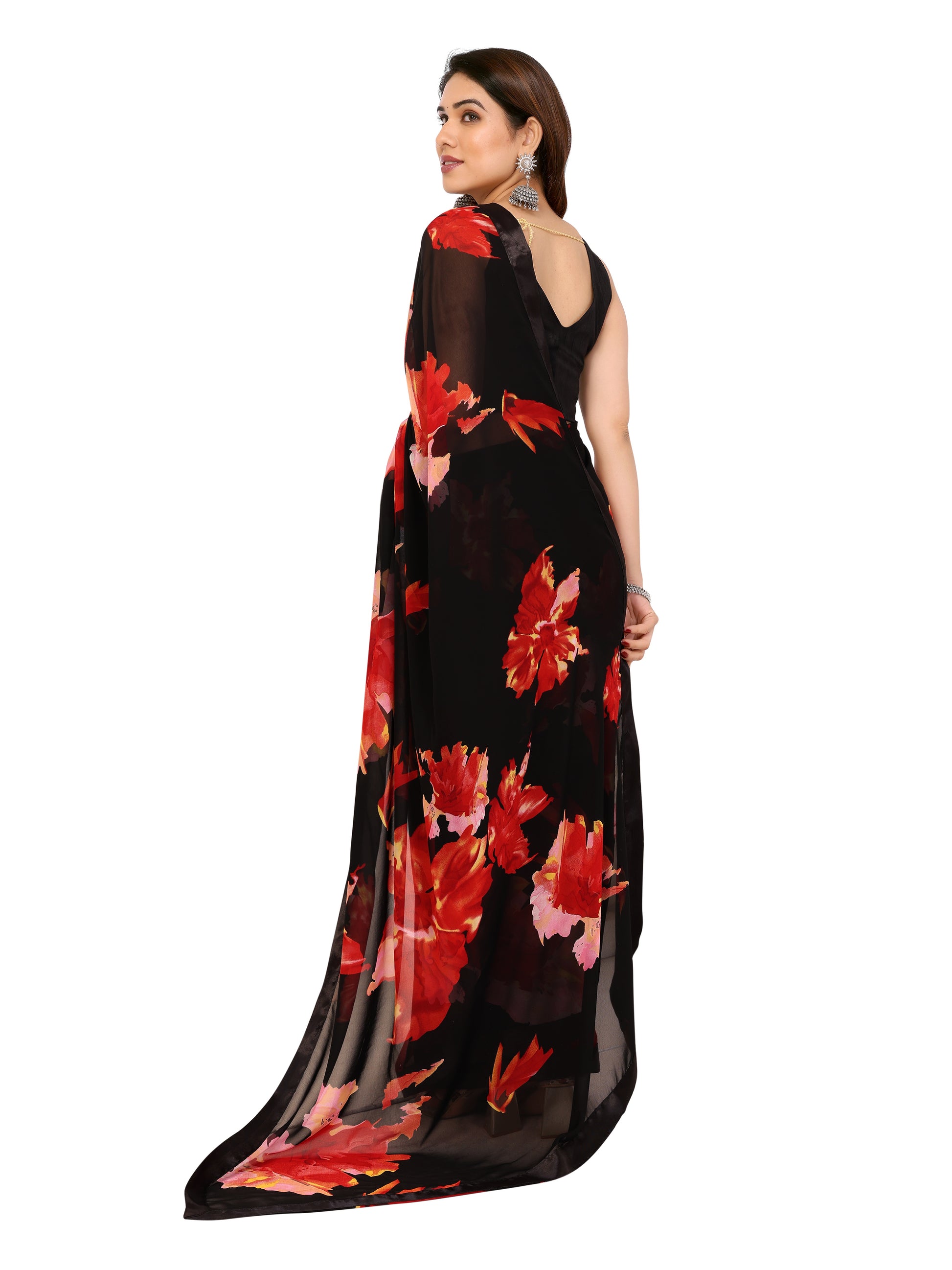 Ready to Wear Black Color Printed Georgette Saree with Lace