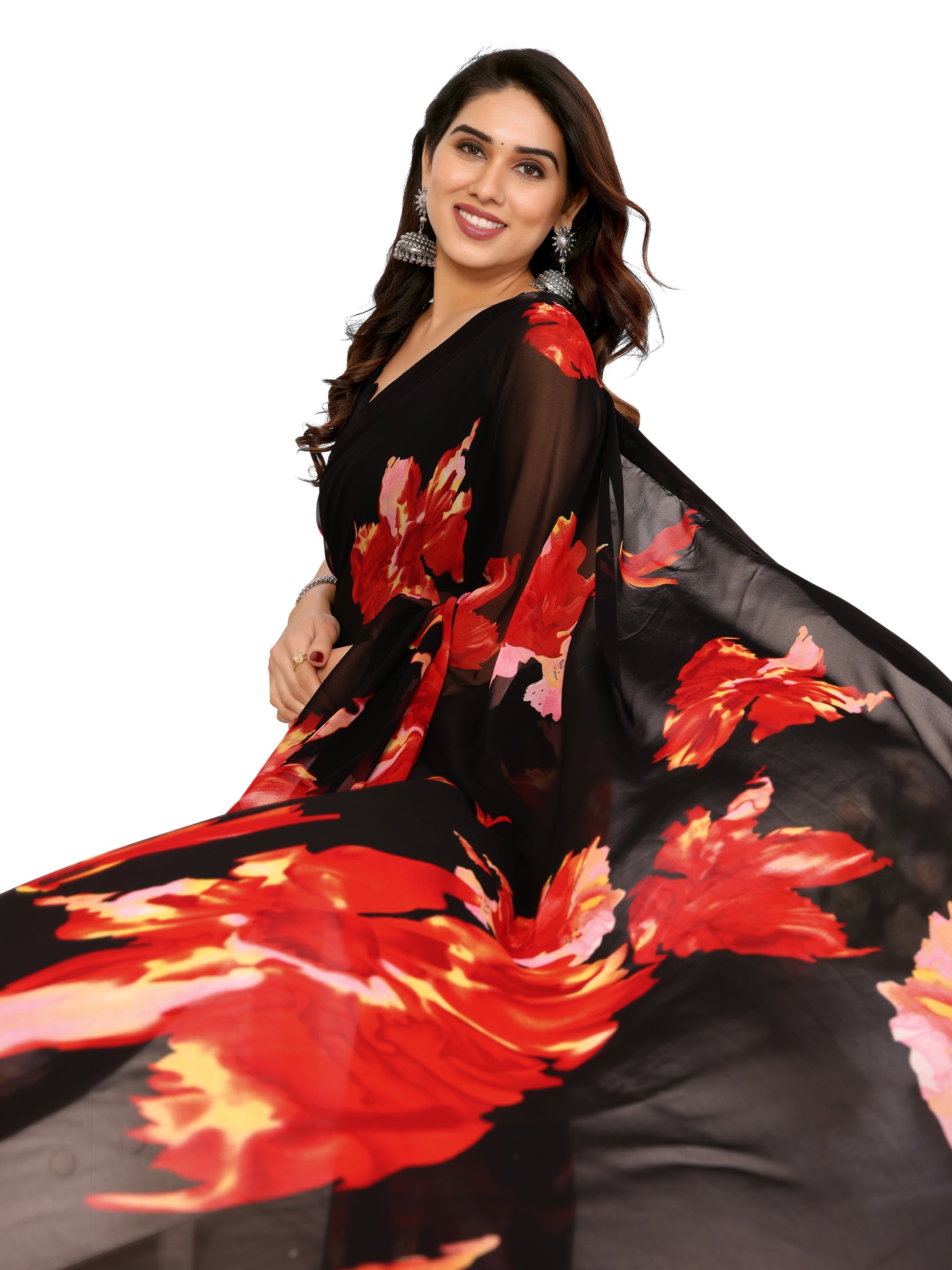 Ready to Wear Black Color Printed Georgette Saree with Lace