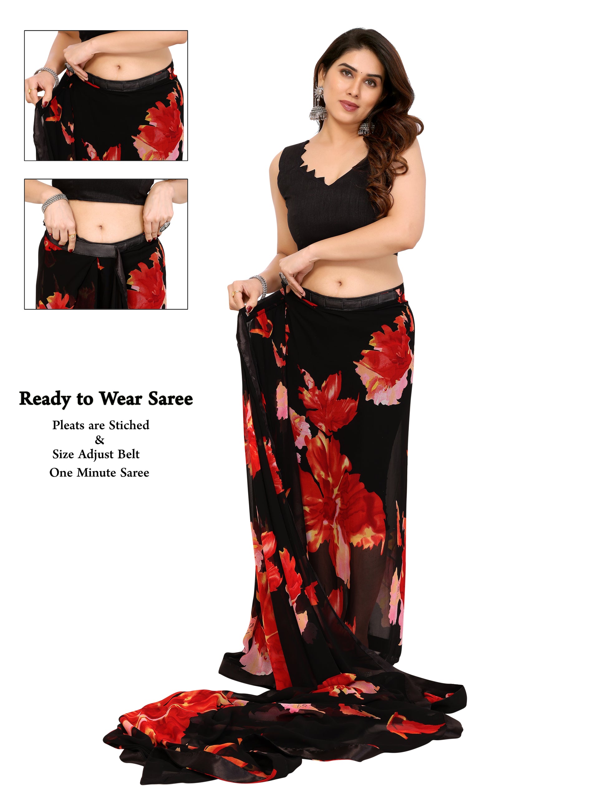 Ready to Wear Black Color Printed Georgette Saree with Lace