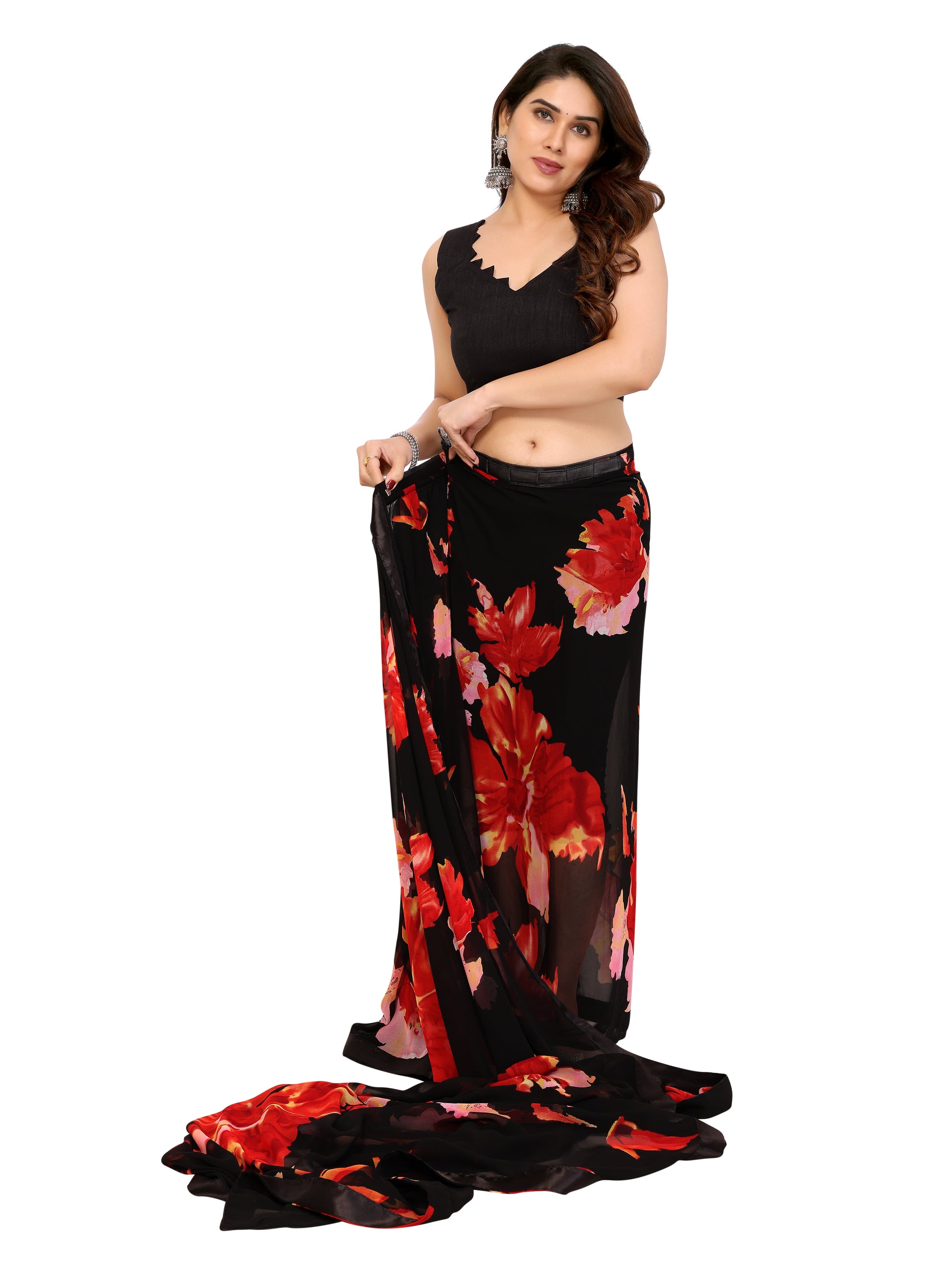 Ready to Wear Black Color Printed Georgette Saree with Lace