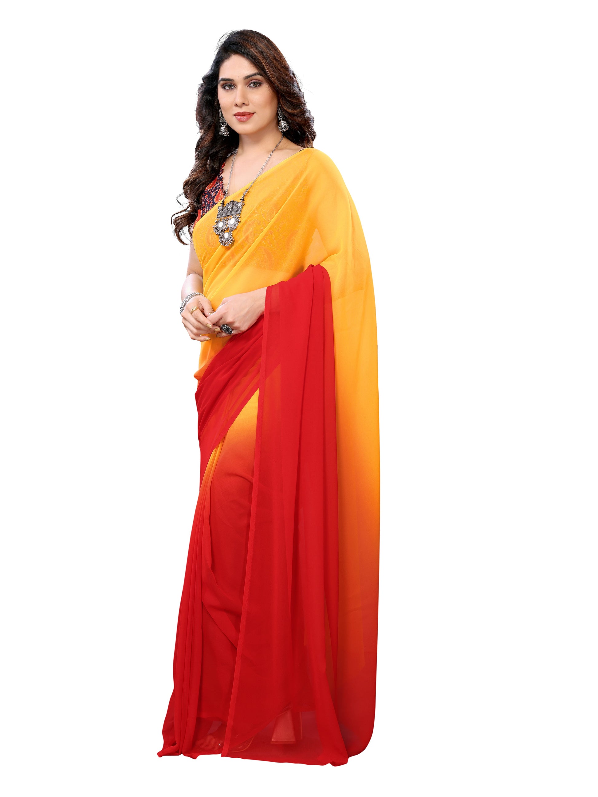 Ready to Wear Red Color Printed Georgette Saree with Lace