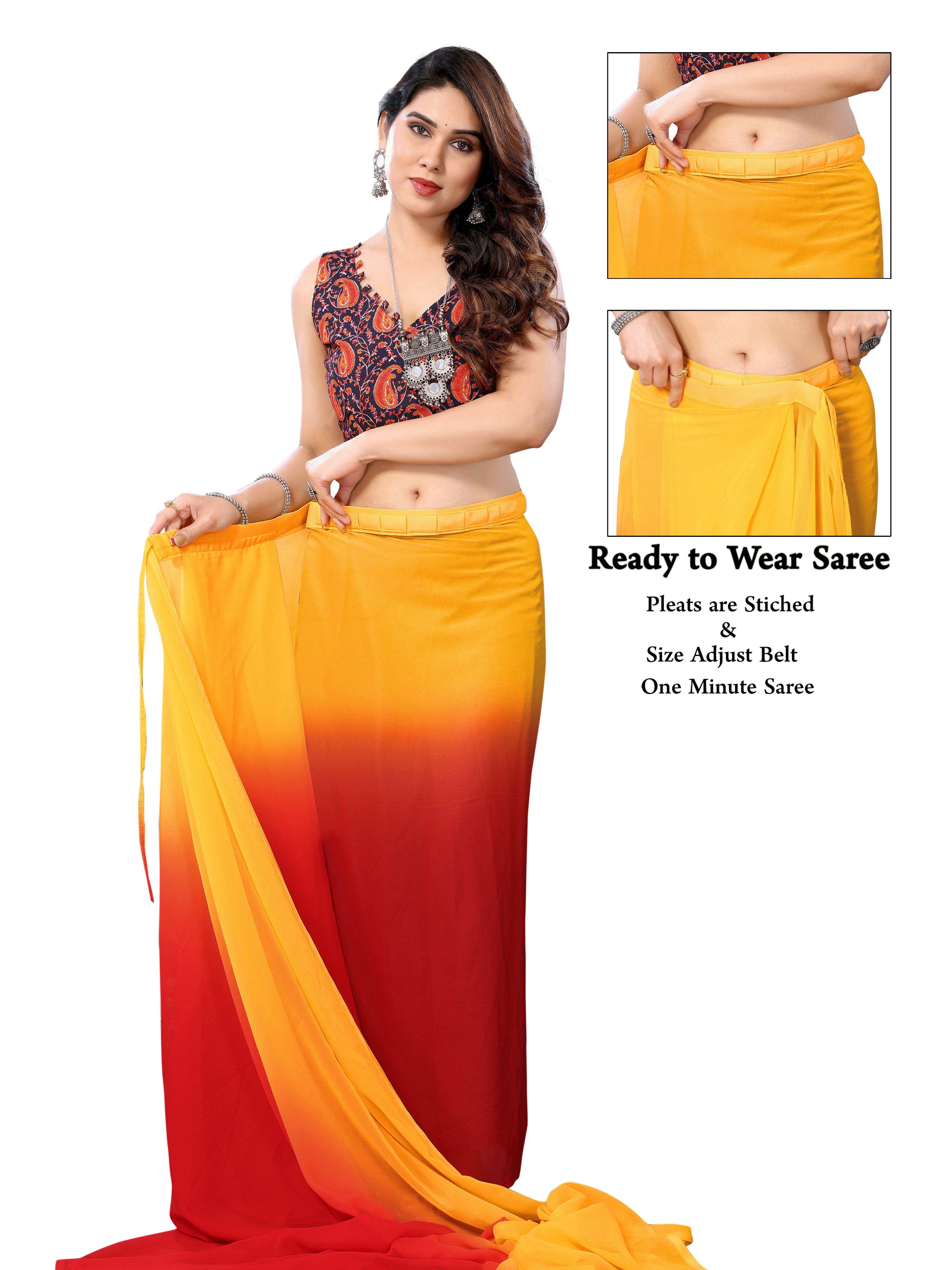 Ready to Wear Red Color Printed Georgette Saree with Lace