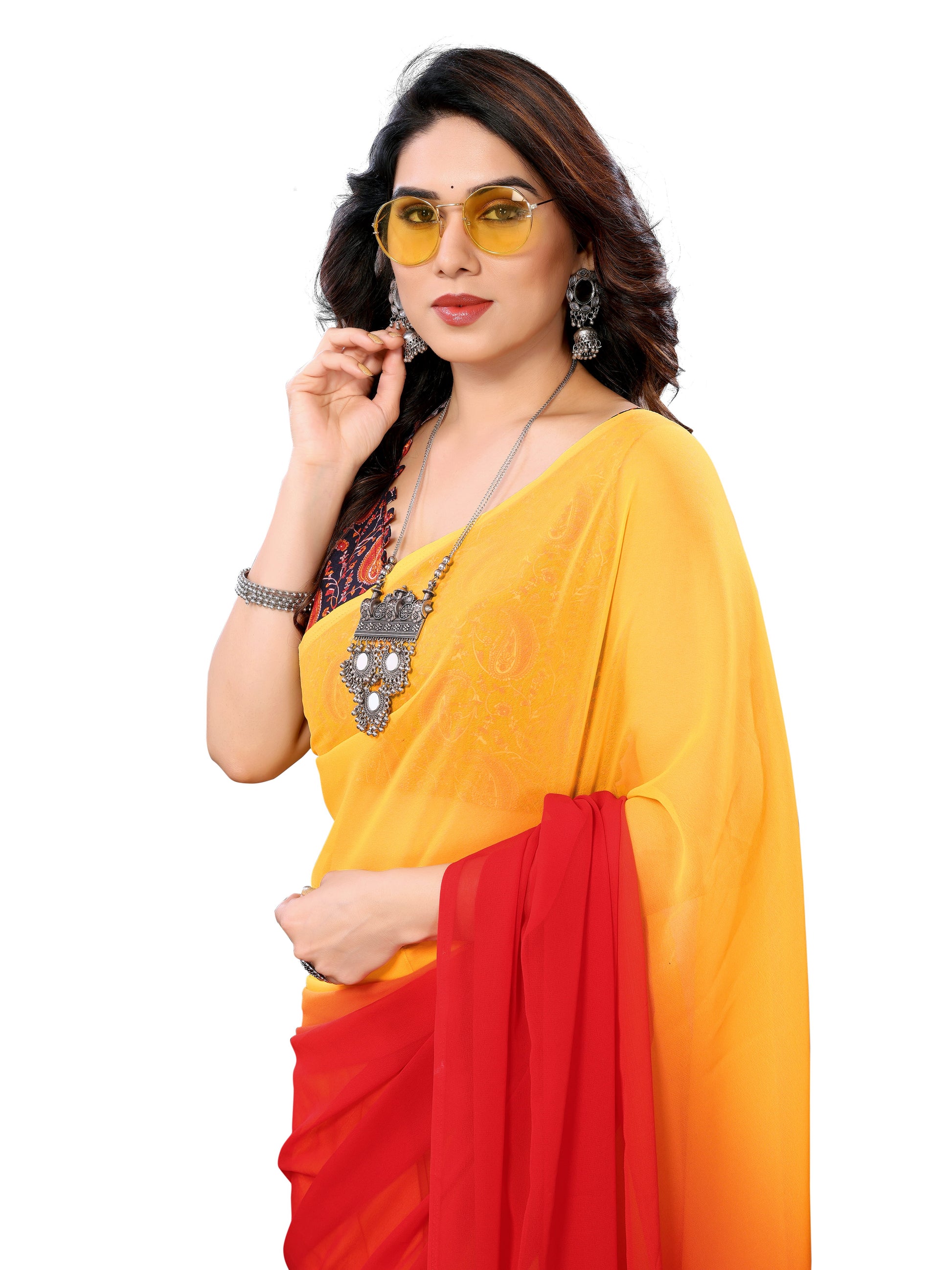 Ready to Wear Red Color Printed Georgette Saree with Lace