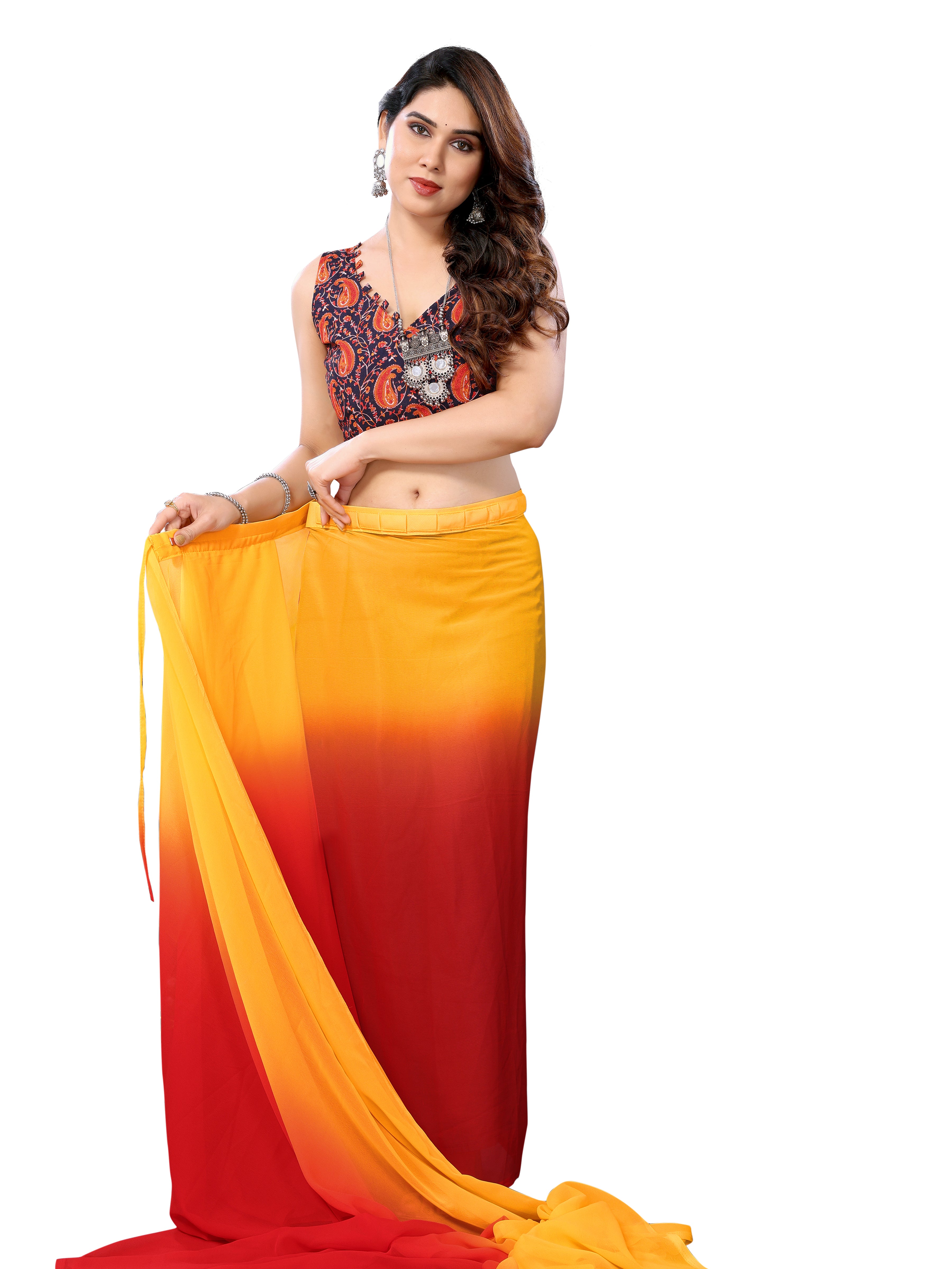Ready to Wear Red Color Printed Georgette Saree with Lace