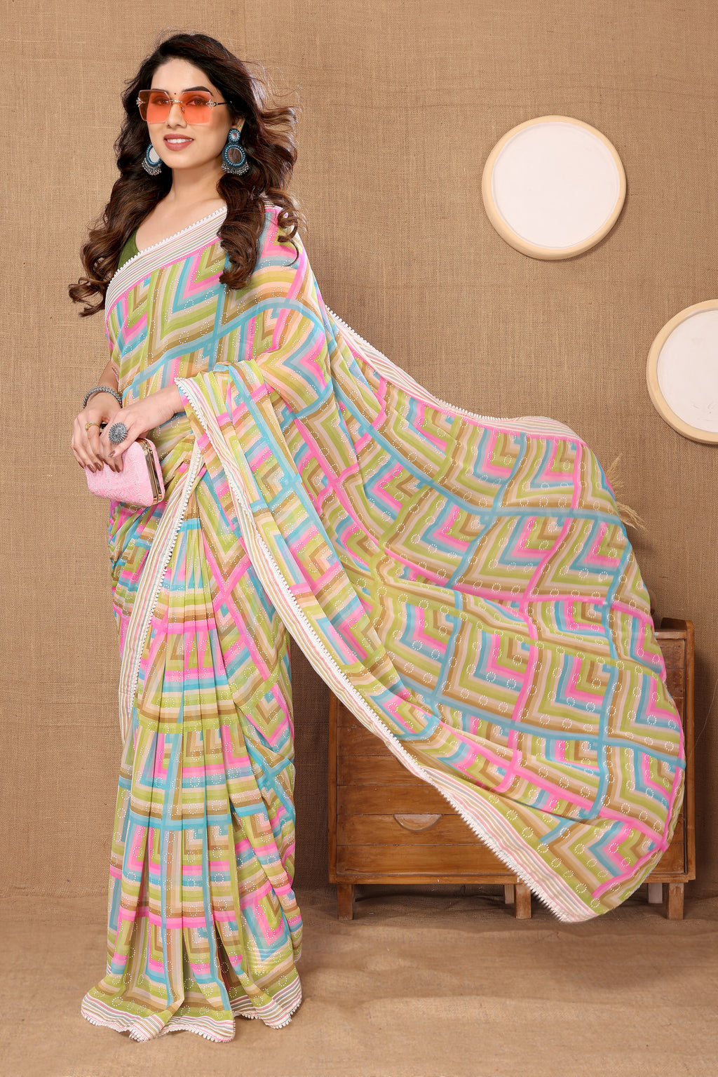Ready to Wear Green Leriya Color Printed Georgette Saree with Lace