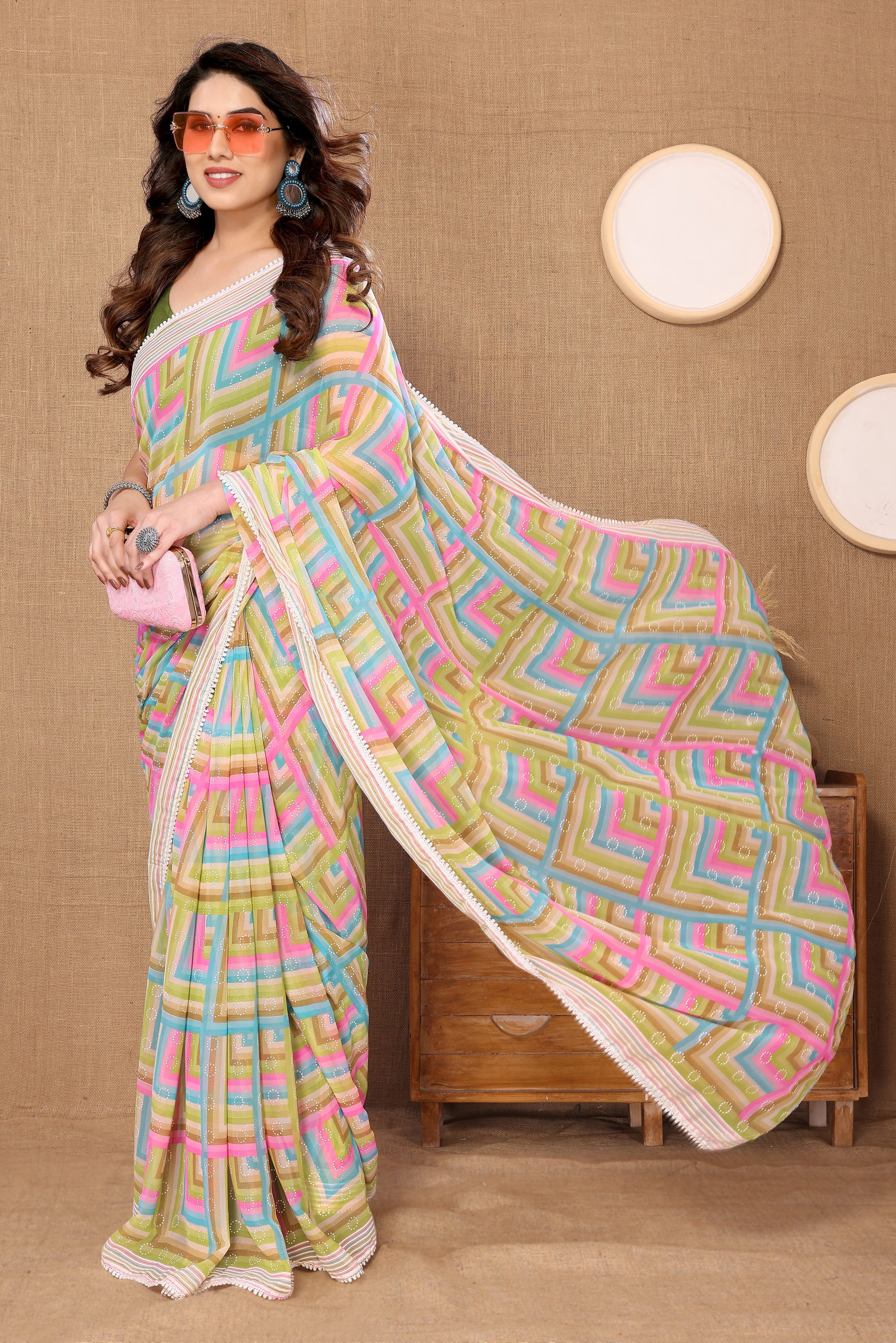 Ready to Wear Green Leriya Color Printed Georgette Saree with Lace
