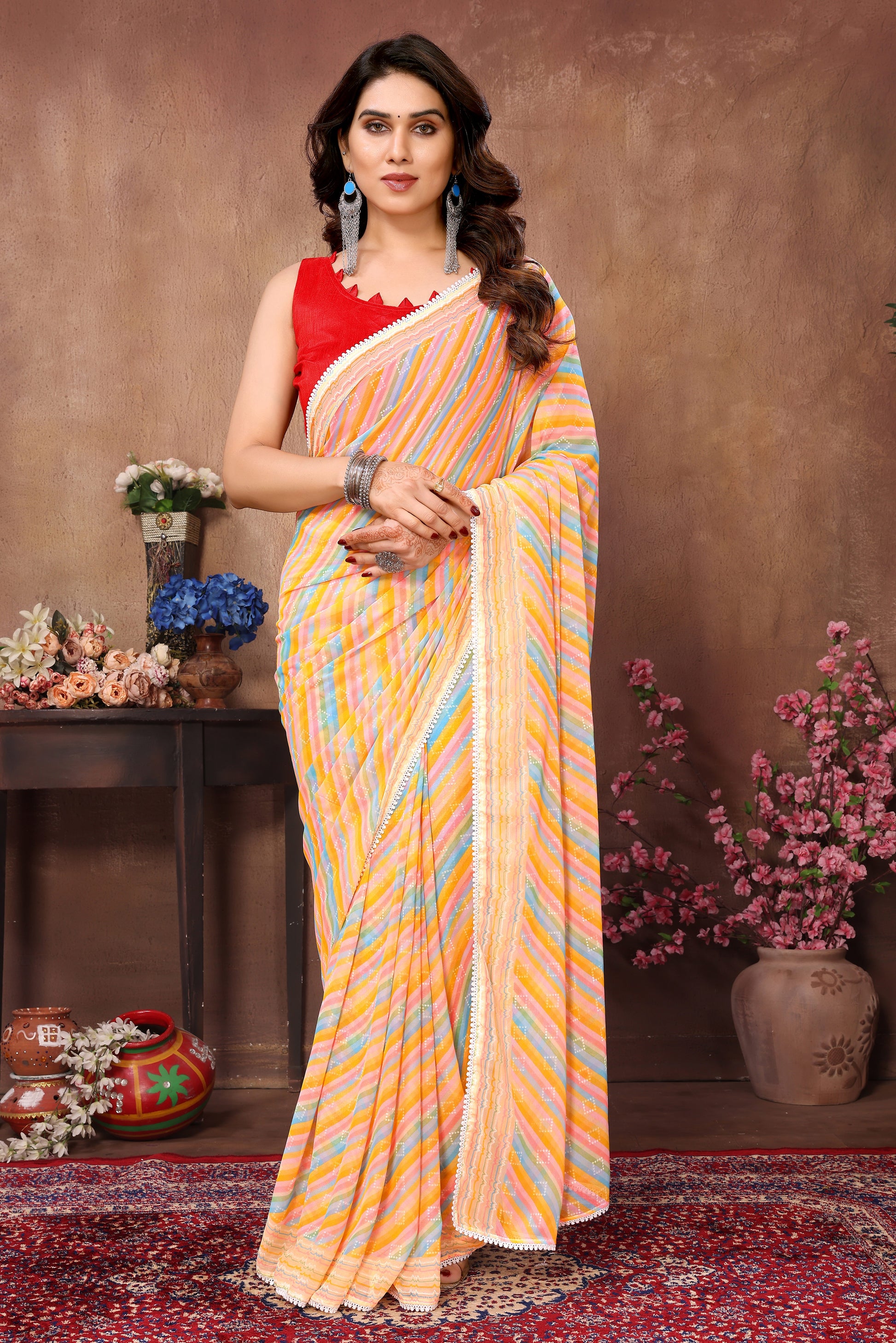 Ready to Wear Leriya Printed Georgette Saree with Lace.