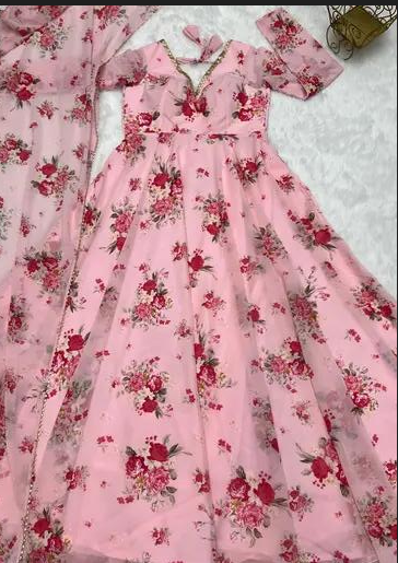 New Flower Printed Beautiful Pink Georgette Anarkali Gown Dupatta