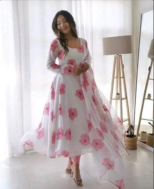 Stylish Fancy Trendy Printed Georgette Anarkali Gown Set With Dupatta
