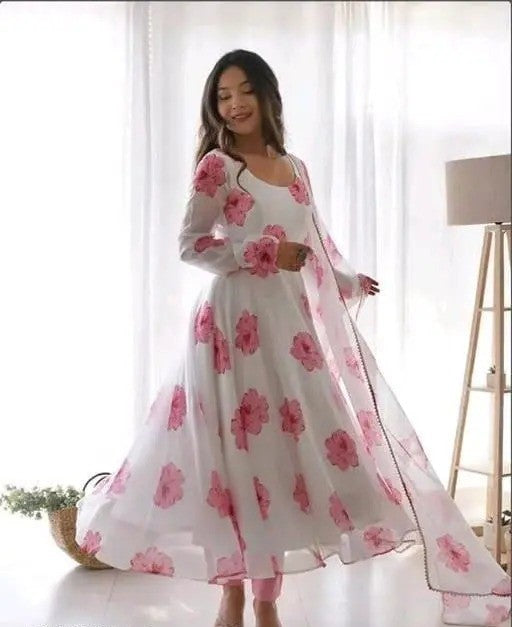 Stylish Fancy Trendy Printed Georgette Anarkali Gown Set With Dupatta