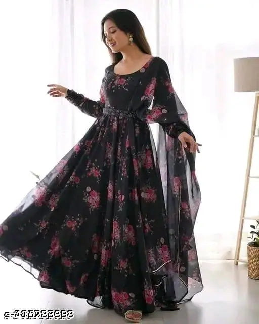 Latest Beautiful Black Floral Georgette Anarkali Gown Dupatta