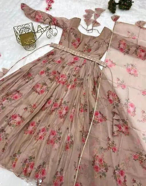 Beautiful Looking Creme Flower Printed Georgette Anarkali Gown with Dupatta