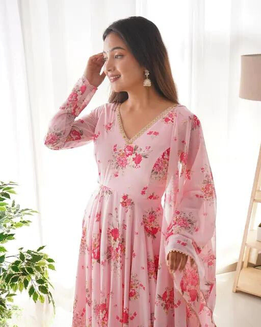 New Flower Printed Beautiful Pink Georgette Anarkali Gown Dupatta