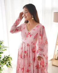New Flower Printed Beautiful Pink Georgette Anarkali Gown Dupatta
