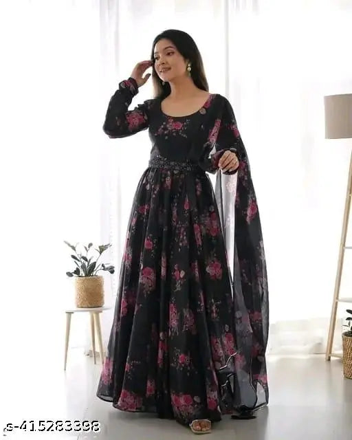Latest Beautiful Black Floral Georgette Anarkali Gown Dupatta