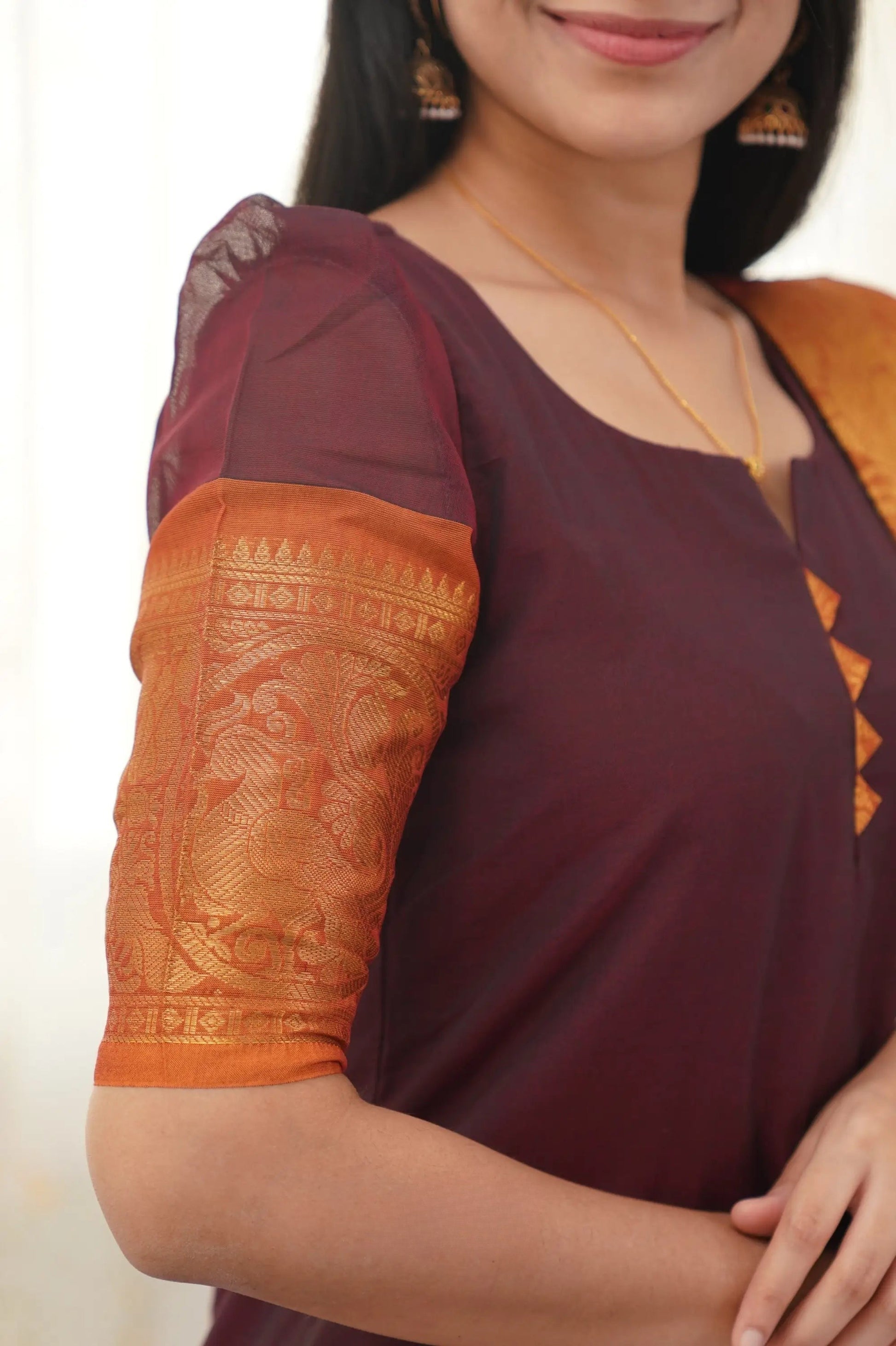 Maroon Cotton Kurti with Bold Orange Border – Classic Charm Meets Contemporary Style