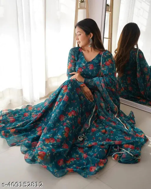 Awesome Looking Flower Printed Beautiful Multicolor Georgette Anarkali Gown Dupatta