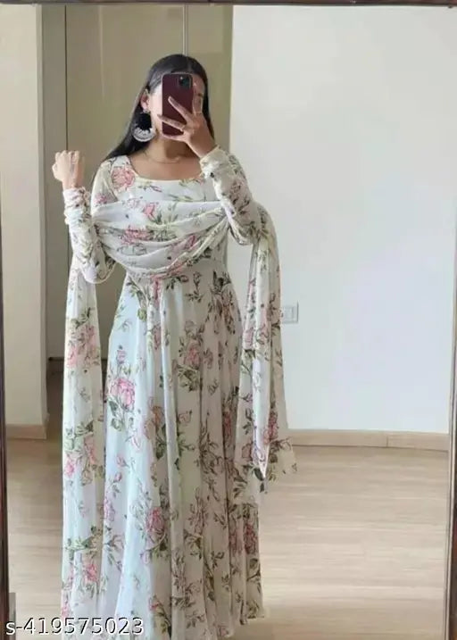 Designer Special White Flower Printed Beautiful Georgette Anarkali Gown Dupatta
