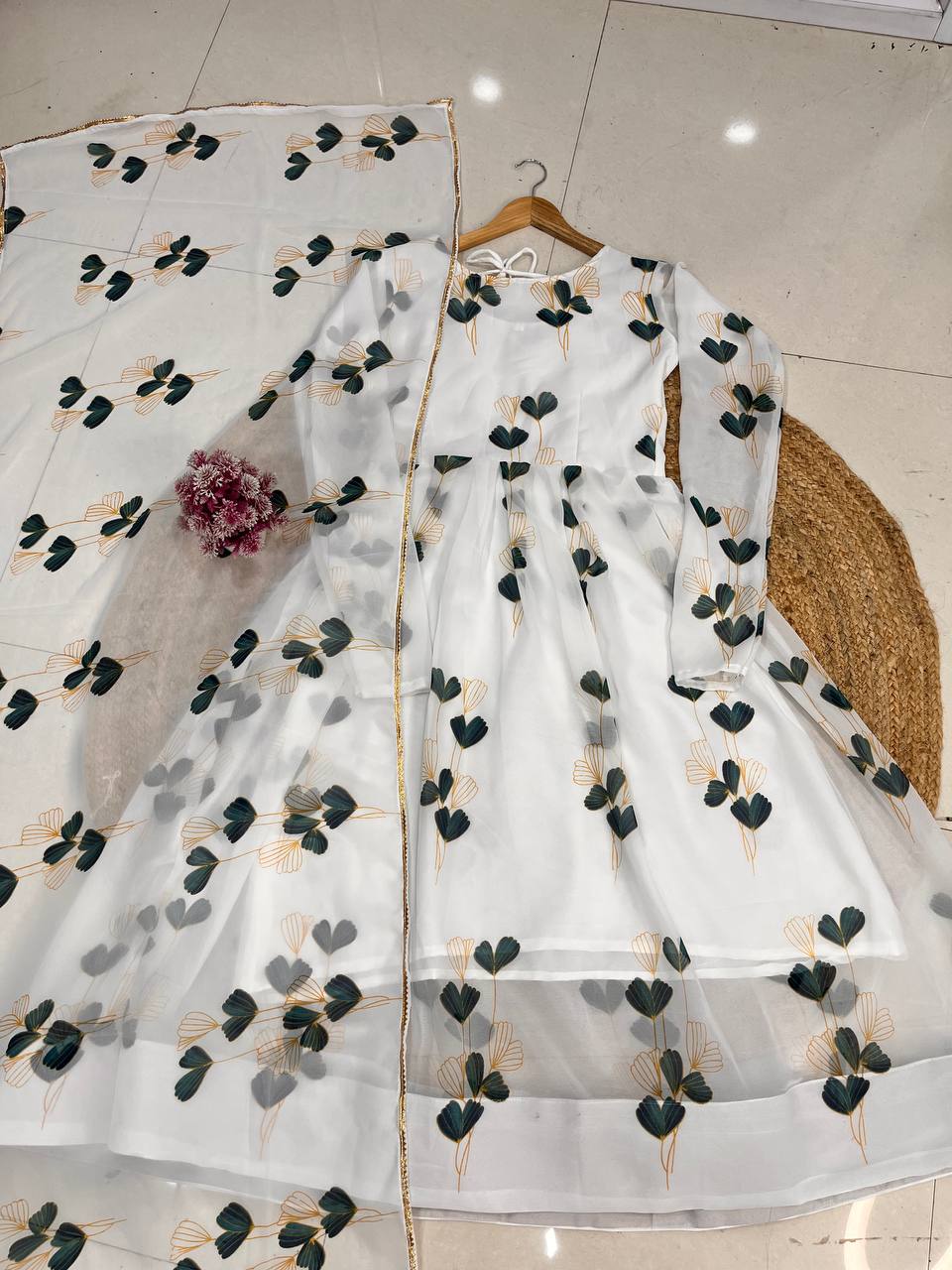 Sparkling Fancy Trendy Printed White Georgette Anarkali Gown Set With Dupatta