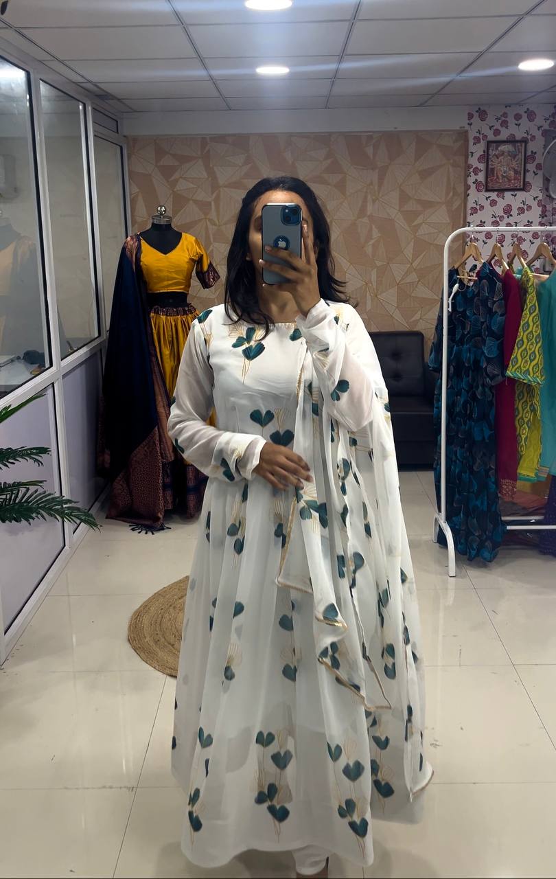Sparkling Fancy Trendy Printed White Georgette Anarkali Gown Set With Dupatta
