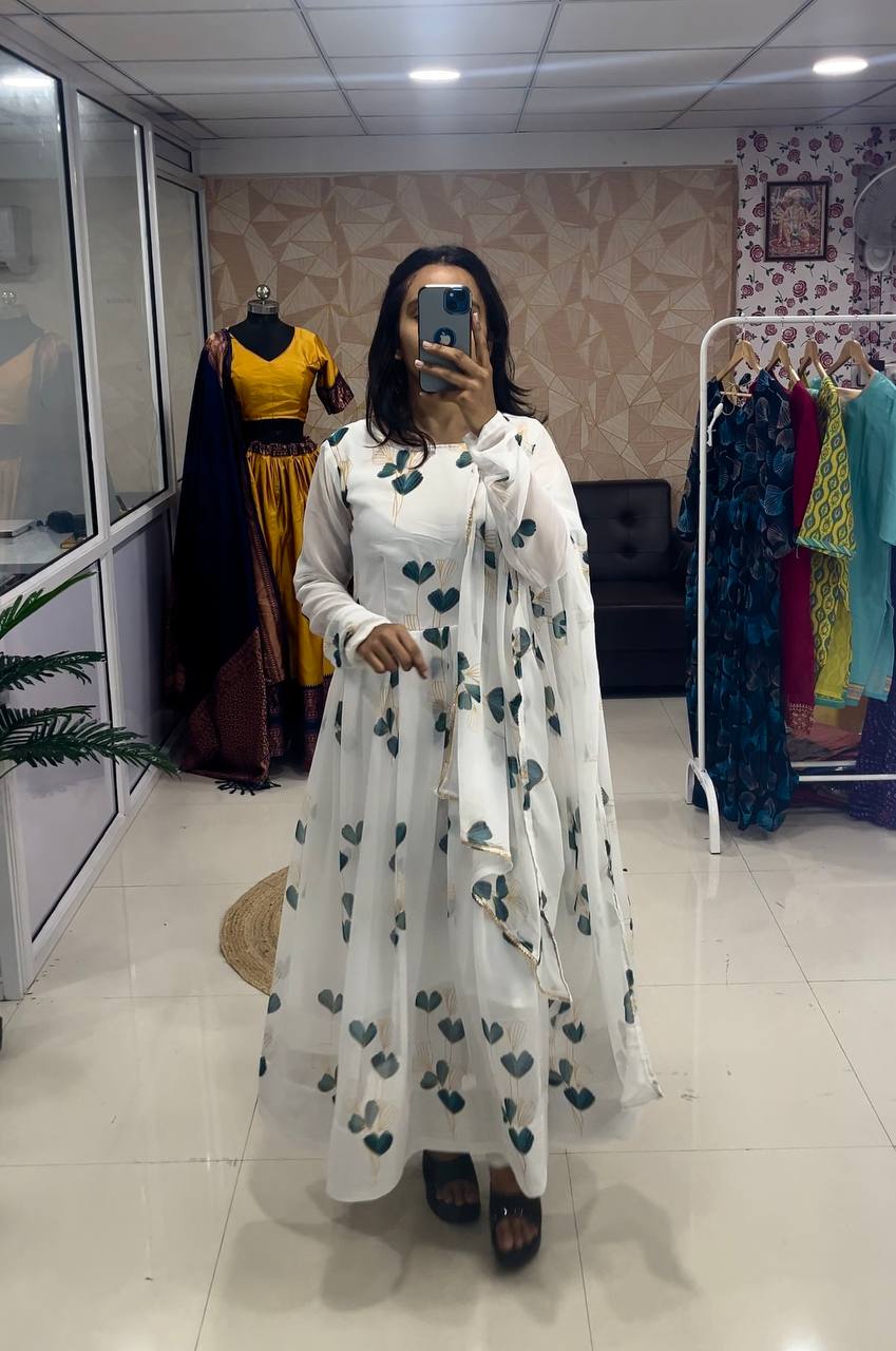 Sparkling Fancy Trendy Printed White Georgette Anarkali Gown Set With Dupatta