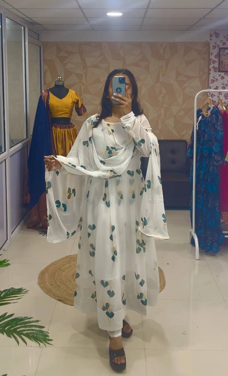 Sparkling Fancy Trendy Printed White Georgette Anarkali Gown Set With Dupatta