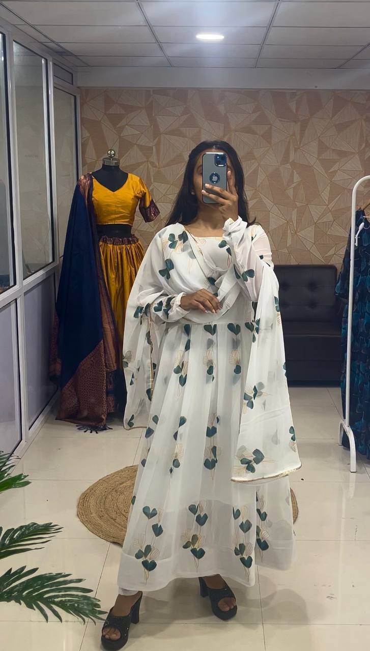 Sparkling Fancy Trendy Printed White Georgette Anarkali Gown Set With Dupatta